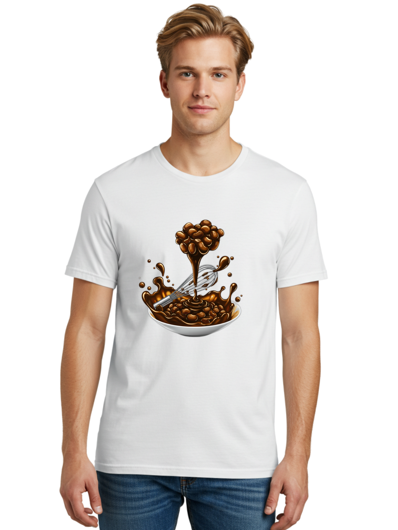 Chocolate Men'S Graphic Tee, 100% Cotton, Comfortable Casual Summer Wear, Machine Washable, Chocolate Sauce, Splatter Art, Whisk, White Bowl, Chocolate Beans, Coffee, Dessert, Sweet Treats, Indulgent, Rich, Decadent, Culinary Delight, Bac848
