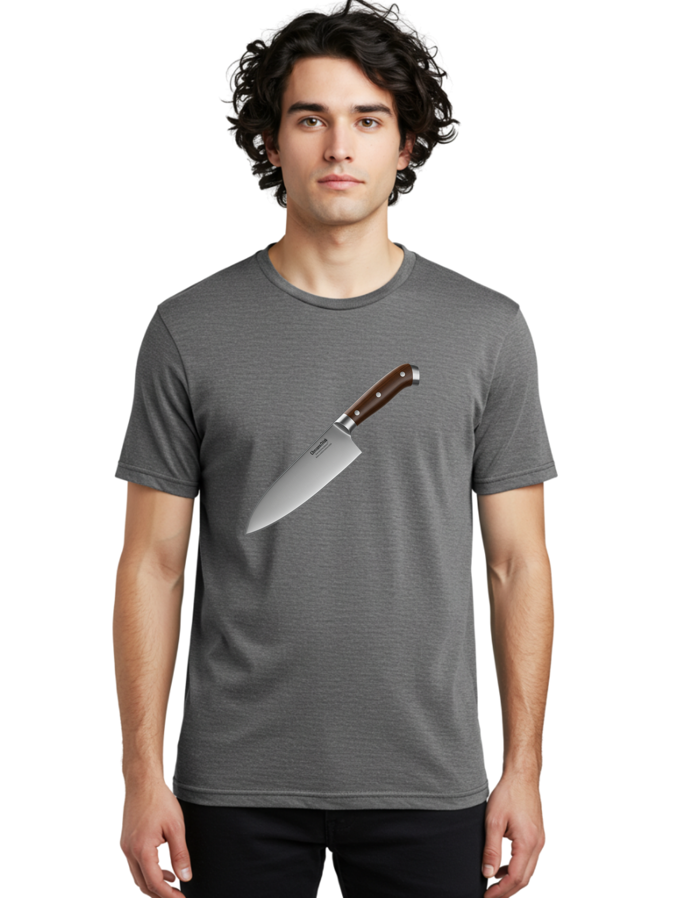 Christofle-Knife Men'S Graphic Tee, 100% Cotton, Comfortable Casual Summer Wear, Machine Washable, Sharp Chef Knife, Stainless Steel Blade, Brown Handle, Silver Rivets, Kitchen Utensil, Cooking Tool, Professional Chef Knife, Sharp Edge Bac850