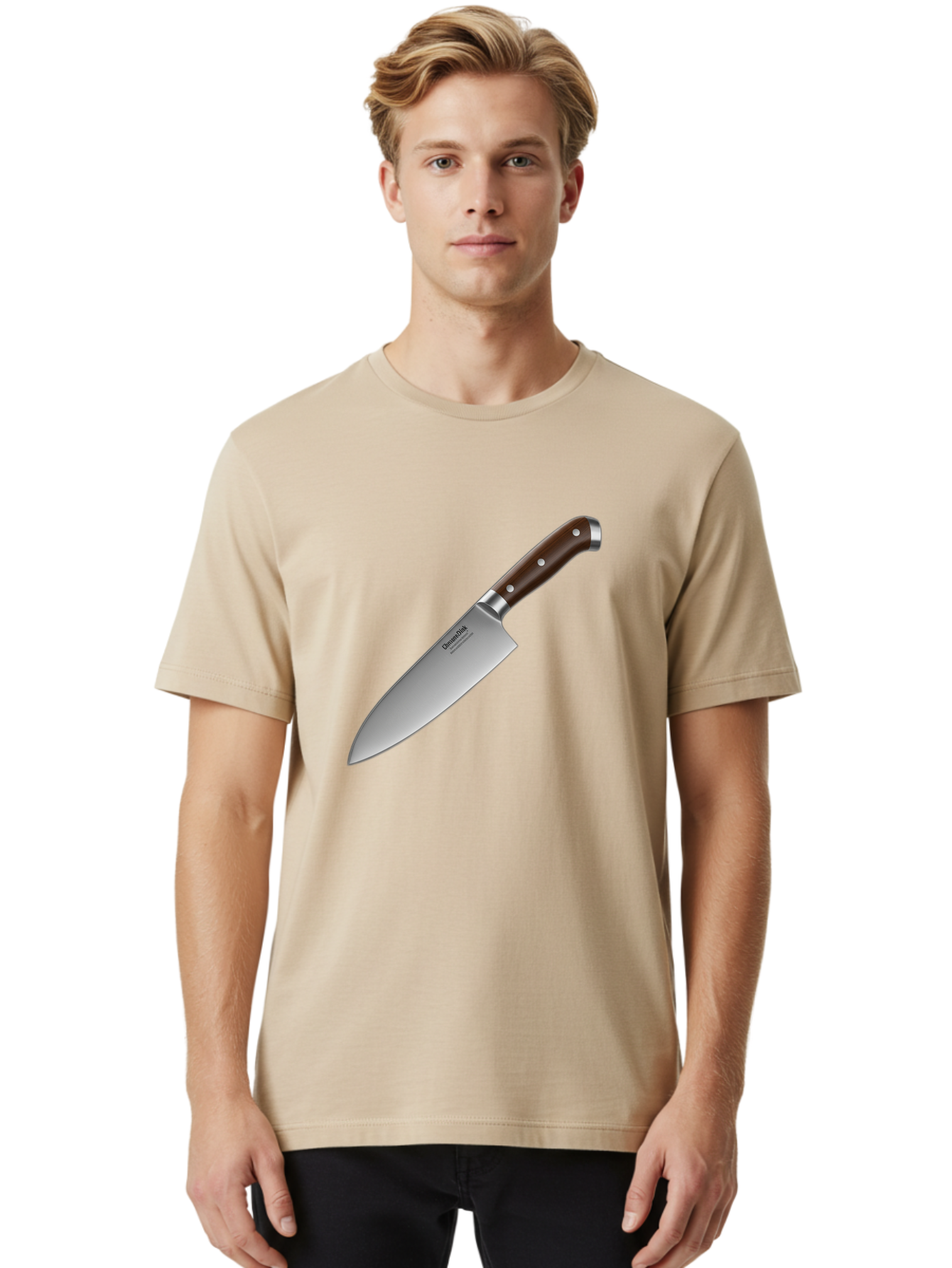 Christofle-Knife Men'S Graphic Tee, 100% Cotton, Comfortable Casual Summer Wear, Machine Washable, Sharp Chef Knife, Stainless Steel Blade, Brown Handle, Silver Rivets, Kitchen Utensil, Cooking Tool, Professional Chef Knife, Sharp Edge Bac850