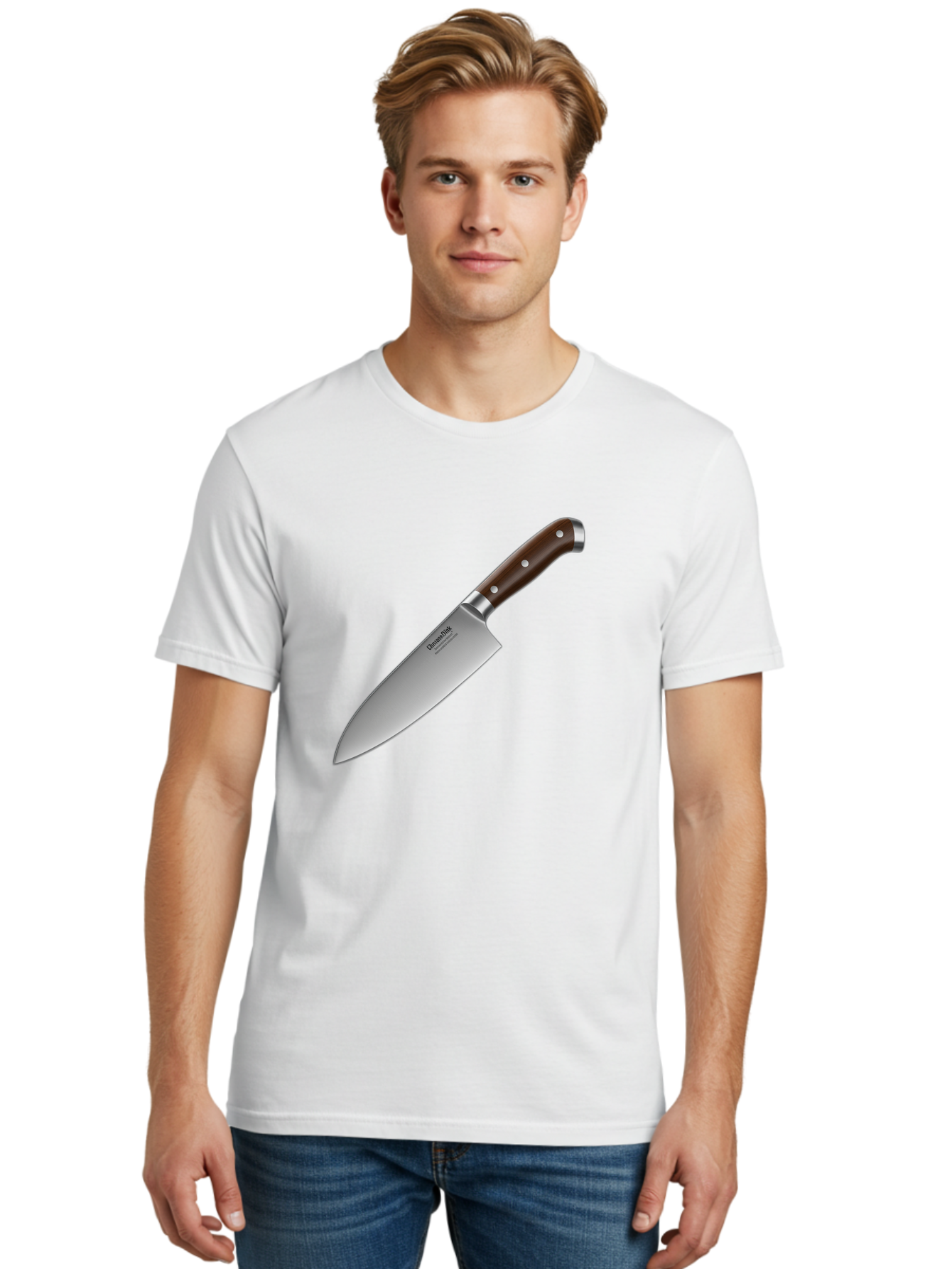 Christofle-Knife Men'S Graphic Tee, 100% Cotton, Comfortable Casual Summer Wear, Machine Washable, Sharp Chef Knife, Stainless Steel Blade, Brown Handle, Silver Rivets, Kitchen Utensil, Cooking Tool, Professional Chef Knife, Sharp Edge Bac850