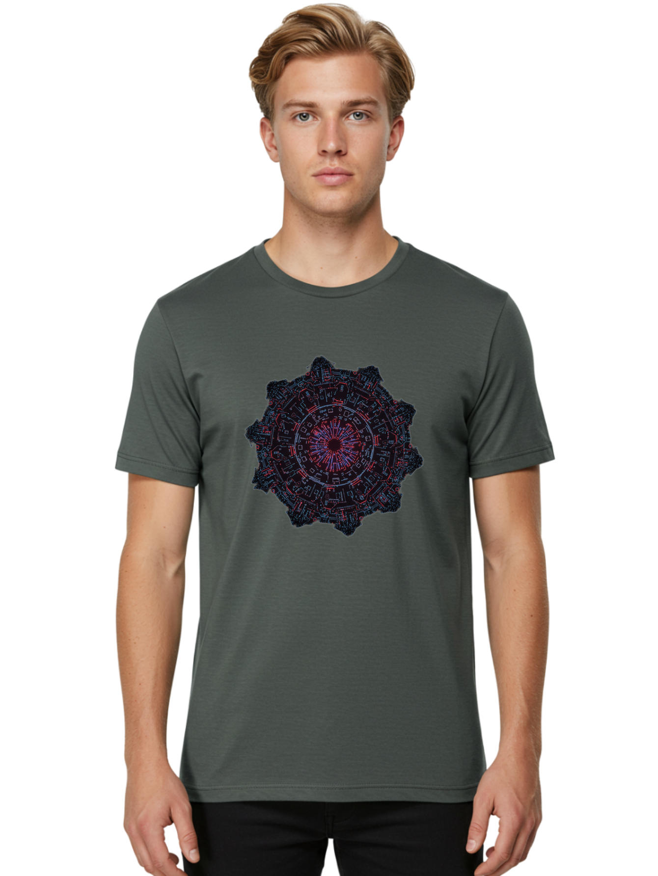 Circuit-Mandala Men'S Graphic Tee, 100% Cotton, Comfortable Casual Summer Wear, Machine Washable, Intricate Circuit Design, Futuristic Mandala, Electronic Art, Digital Pattern, Neon Lights, Abstract Technology, Cyberpunk, Sci-Fi Elements, Bac851