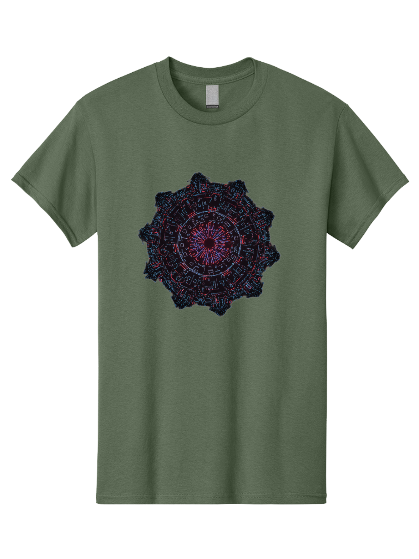Circuit-Mandala Men'S Graphic Tee, 100% Cotton, Comfortable Casual Summer Wear, Machine Washable, Intricate Circuit Design, Futuristic Mandala, Electronic Art, Digital Pattern, Neon Lights, Abstract Technology, Cyberpunk, Sci-Fi Elements, Bac851
