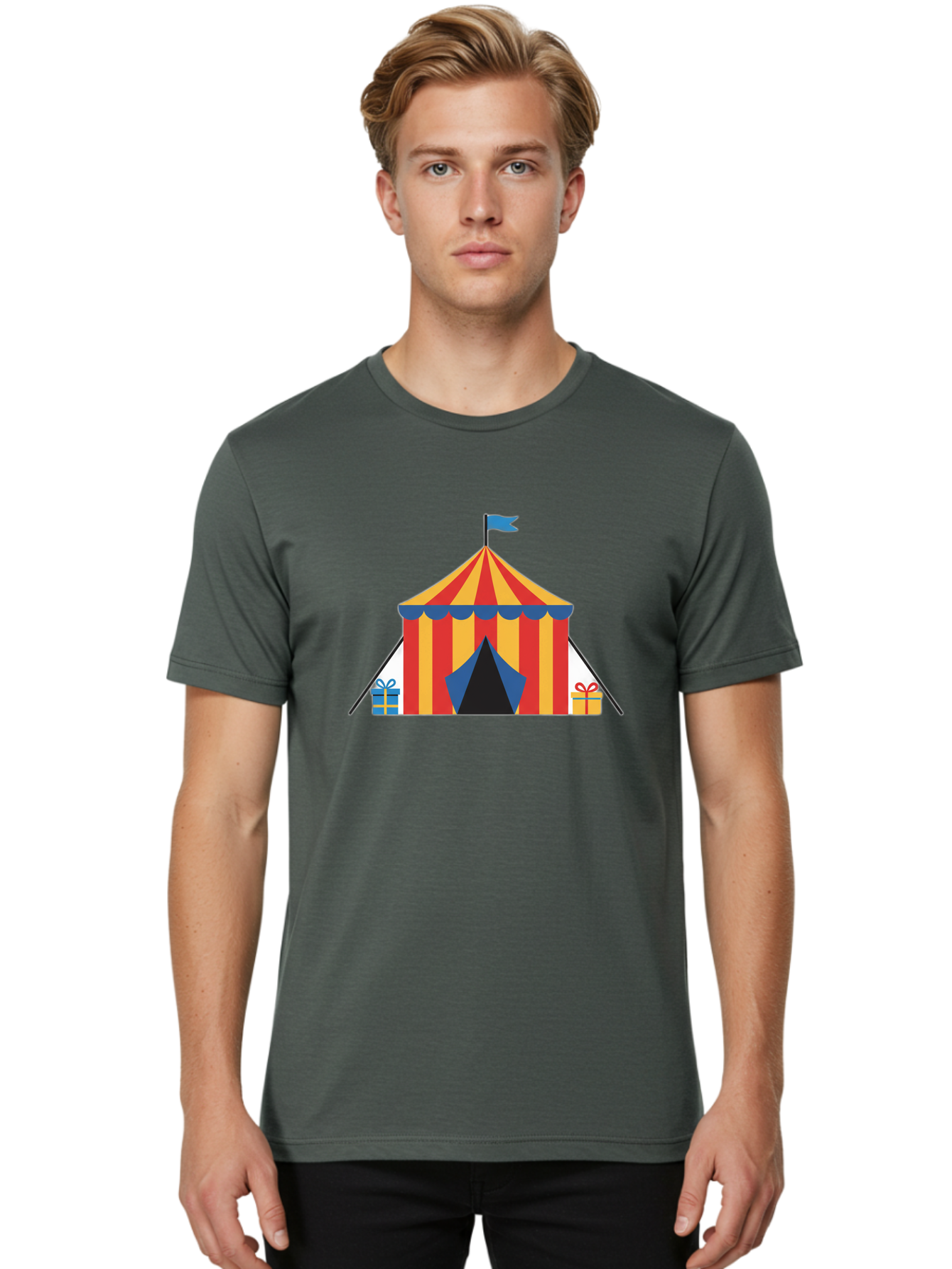 Circus-Tent-1 Men'S Graphic Tee, 100% Cotton, Comfortable Casual Summer Wear, Machine Washable, Circus Tent, Red And Yellow Stripes, Blue Flag, Blue Awning, Gift Boxes, Carnival Atmosphere, Festive Decorations, Colorful Illustration, Bac852