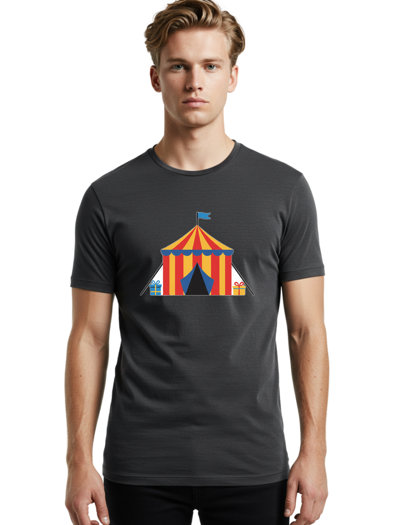 Circus-Tent-1 Men'S Graphic Tee, 100% Cotton, Comfortable Casual Summer Wear, Machine Washable, Circus Tent, Red And Yellow Stripes, Blue Flag, Blue Awning, Gift Boxes, Carnival Atmosphere, Festive Decorations, Colorful Illustration, Bac852