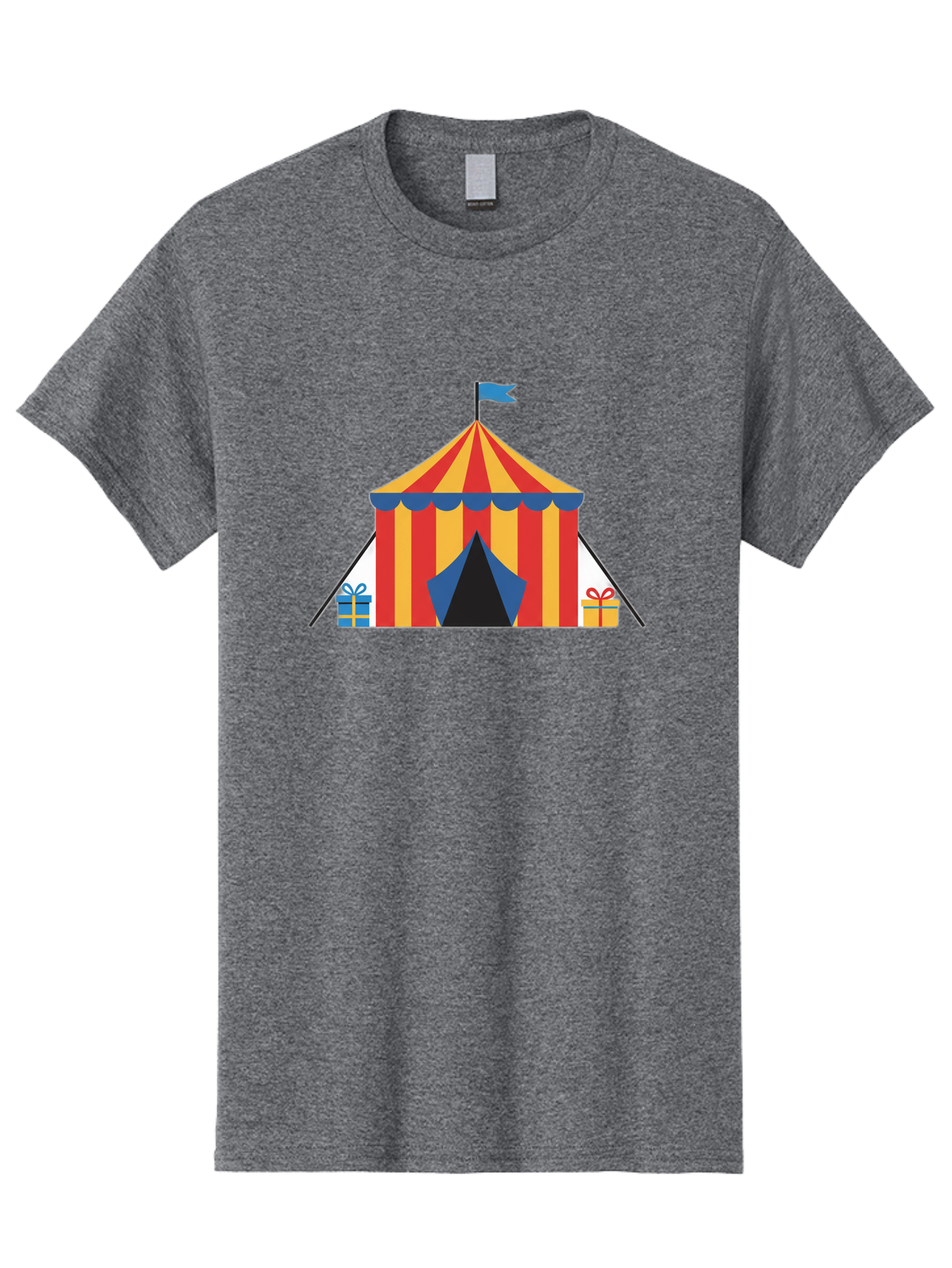 Circus-Tent-1 Men'S Graphic Tee, 100% Cotton, Comfortable Casual Summer Wear, Machine Washable, Circus Tent, Red And Yellow Stripes, Blue Flag, Blue Awning, Gift Boxes, Carnival Atmosphere, Festive Decorations, Colorful Illustration, Bac852
