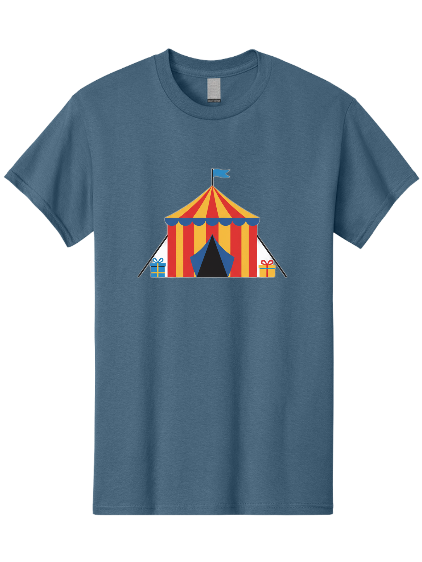 Circus-Tent-1 Men'S Graphic Tee, 100% Cotton, Comfortable Casual Summer Wear, Machine Washable, Circus Tent, Red And Yellow Stripes, Blue Flag, Blue Awning, Gift Boxes, Carnival Atmosphere, Festive Decorations, Colorful Illustration, Bac852