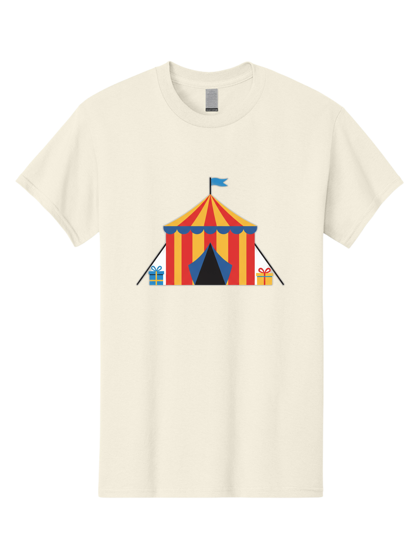Circus-Tent-1 Men'S Graphic Tee, 100% Cotton, Comfortable Casual Summer Wear, Machine Washable, Circus Tent, Red And Yellow Stripes, Blue Flag, Blue Awning, Gift Boxes, Carnival Atmosphere, Festive Decorations, Colorful Illustration, Bac852