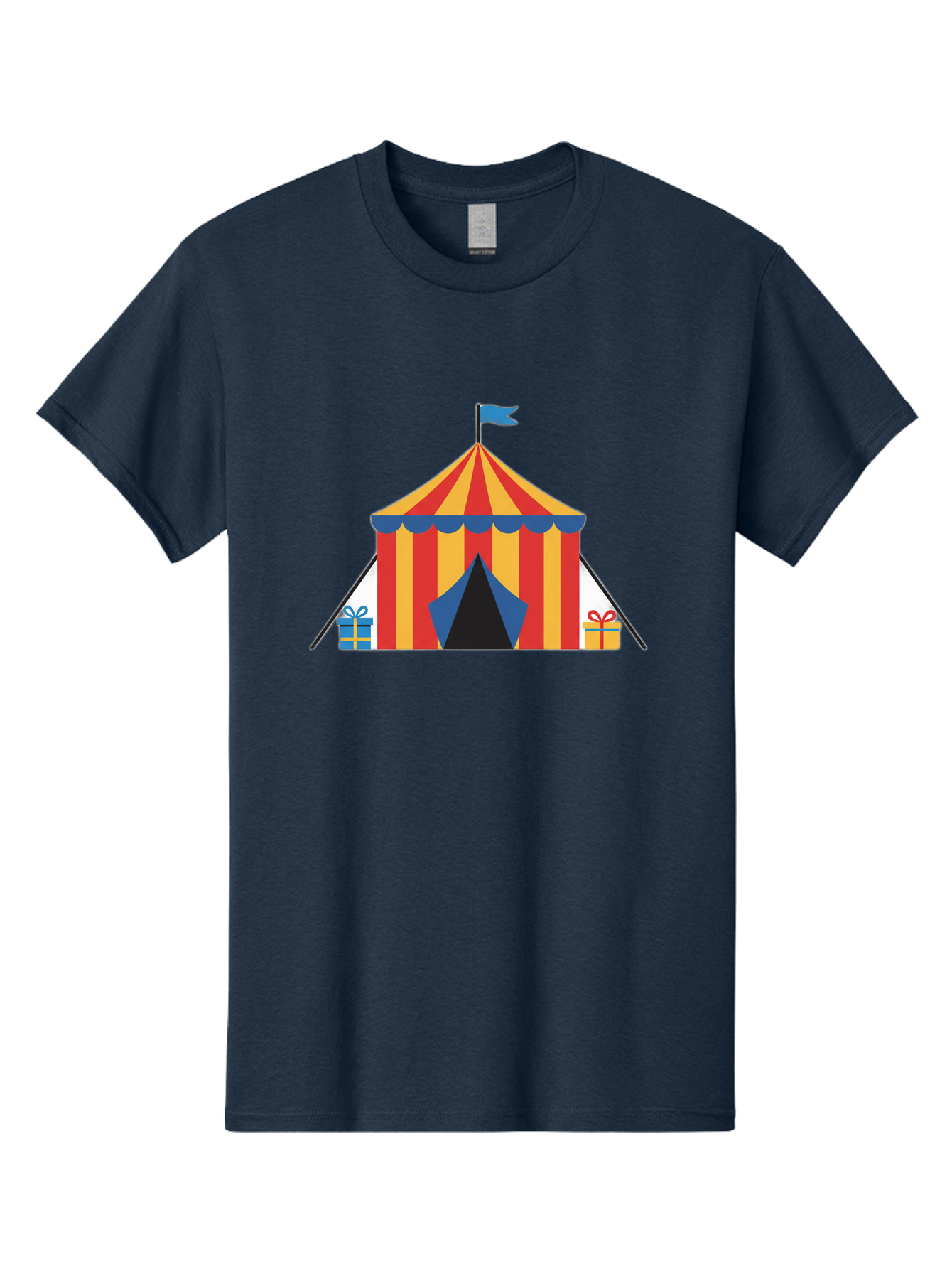 Circus-Tent-1 Men'S Graphic Tee, 100% Cotton, Comfortable Casual Summer Wear, Machine Washable, Circus Tent, Red And Yellow Stripes, Blue Flag, Blue Awning, Gift Boxes, Carnival Atmosphere, Festive Decorations, Colorful Illustration, Bac852