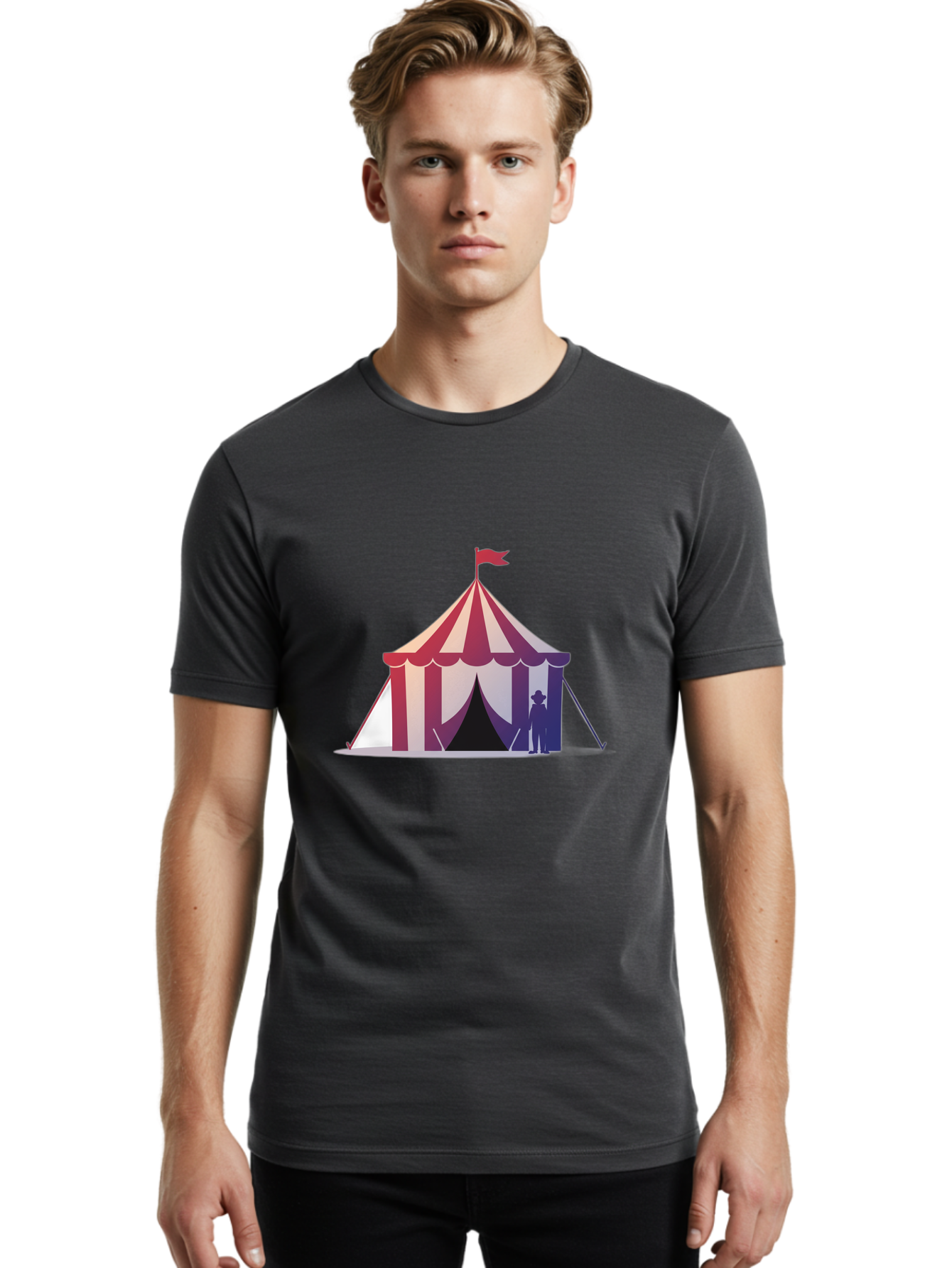 Circus-Tent-3 Men'S Graphic Tee, 100% Cotton, Comfortable Casual Summer Wear, Machine Washable, Striped Circus Tent, Red And White Stripes, Silhouetted Man, Vintage Top Hat, Retro Carnival, Festive Atmosphere, Tent Entrance Bac854