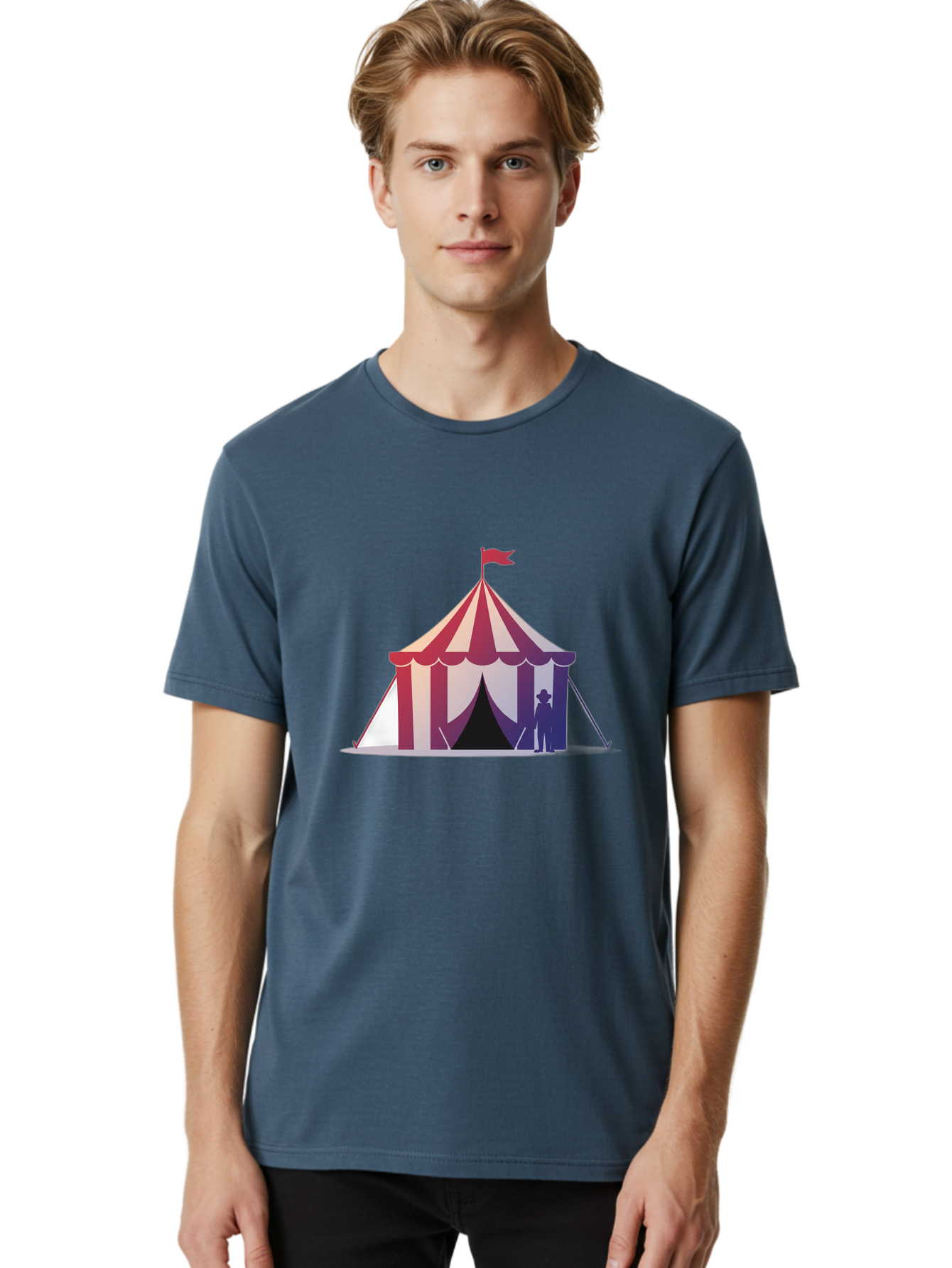 Circus-Tent-3 Men'S Graphic Tee, 100% Cotton, Comfortable Casual Summer Wear, Machine Washable, Striped Circus Tent, Red And White Stripes, Silhouetted Man, Vintage Top Hat, Retro Carnival, Festive Atmosphere, Tent Entrance Bac854