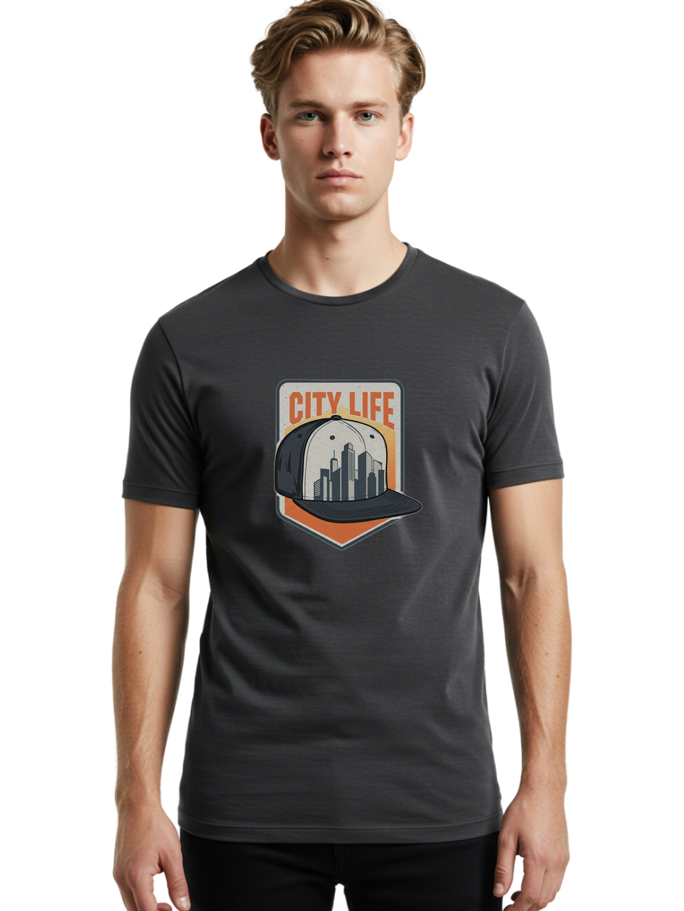 City-Life Men'S Graphic Tee, 100% Cotton, Comfortable Casual Summer Wear, Machine Washable, City Life, Urban Culture, Streetwear Fashion, Baseball Cap, Cityscape Design, Urban Lifestyle, City Vibes, Trendy Apparel Bac857