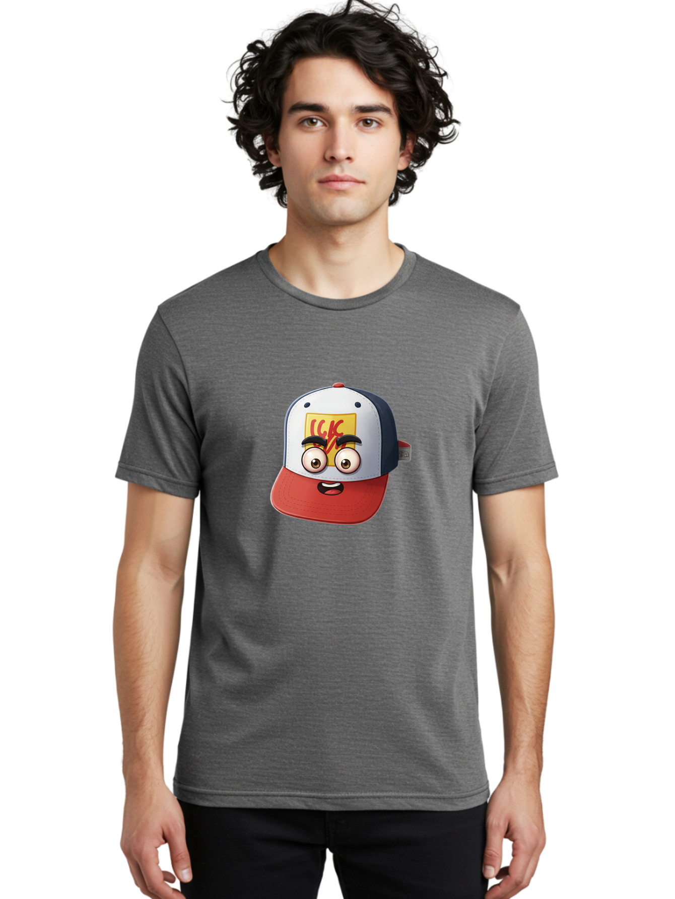 Ckc-Cap Men'S Graphic Tee, 100% Cotton, Comfortable Casual Summer Wear, Machine Washable, Cartoon Cap, Baseball Hat, Funny Face, Cartoon Eyes, Eyebrow Expression, Casual Wear, Trendy Accessory, Youth Culture, Pop Art, Kawaii Style Bac858