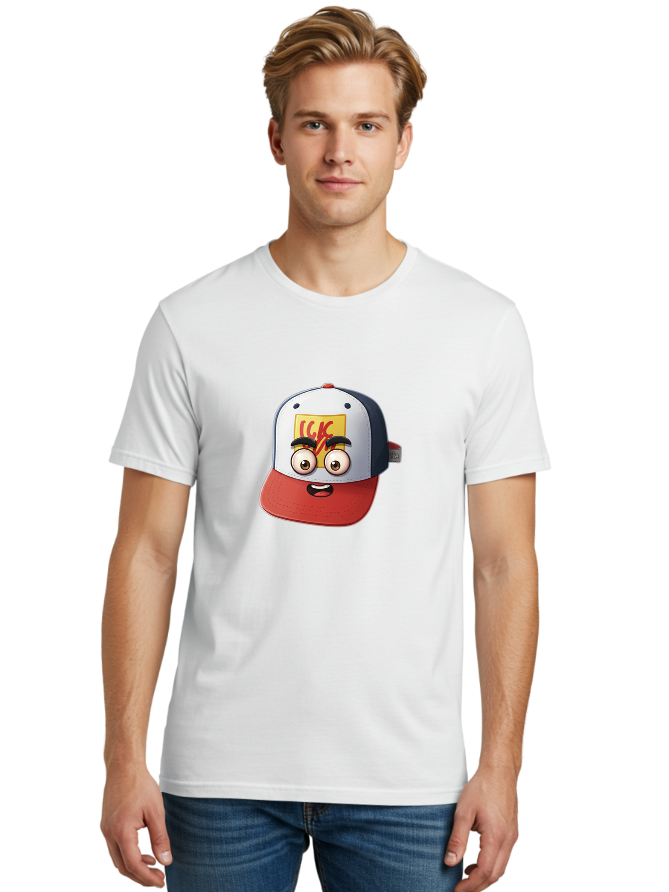 Ckc-Cap Men'S Graphic Tee, 100% Cotton, Comfortable Casual Summer Wear, Machine Washable, Cartoon Cap, Baseball Hat, Funny Face, Cartoon Eyes, Eyebrow Expression, Casual Wear, Trendy Accessory, Youth Culture, Pop Art, Kawaii Style Bac858