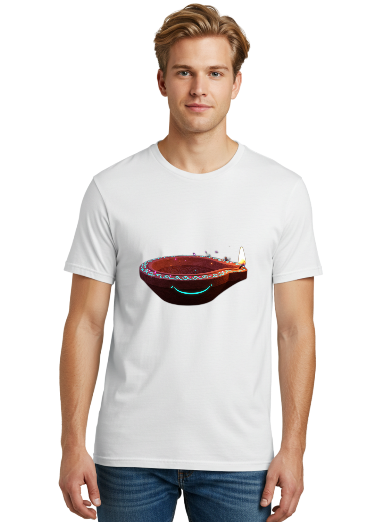 Clay-Lamp-With-Candle Men'S Graphic Tee, 100% Cotton, Comfortable Casual Summer Wear, Machine Washable, Diwali Lamp, Clay Diya, Lit Candle, Festive Decoration, Traditional Diwali, Diwali Celebration, Happy Diwali, Glowing Diya, Indian Culture Bac861