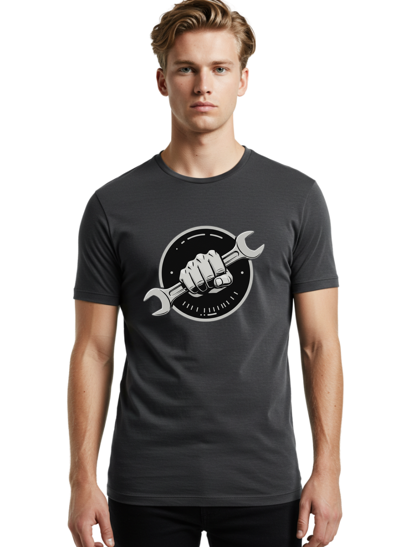 Clenched-Fist-Wrench Men'S Graphic Tee, 100% Cotton, Comfortable Casual Summer Wear, Machine Washable, Hand Holding Wrench, Fist With Spanner, Mechanic Symbol, Repair Logo, Diy Emblem, Tool Icon, Maintenance Graphics, Handyman Sign Bac862