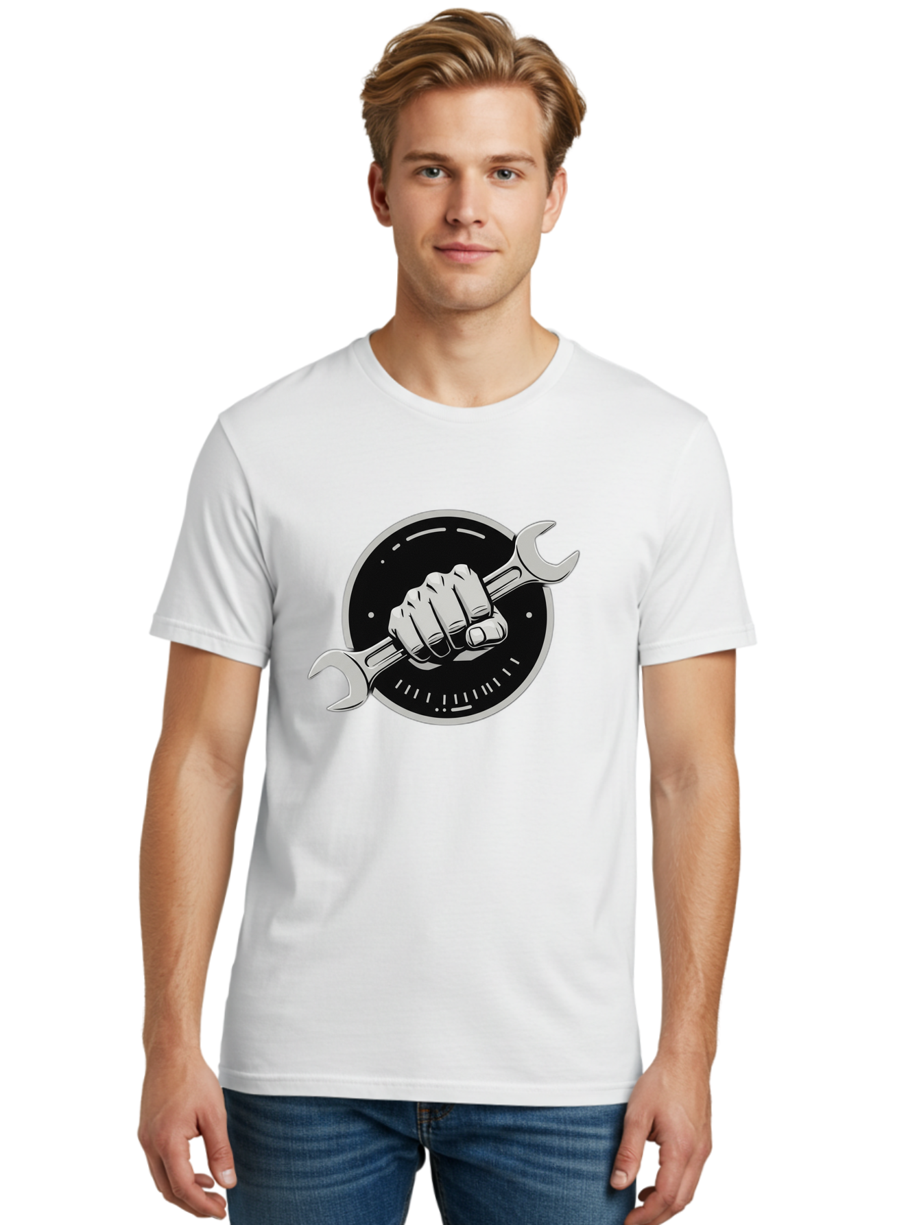Clenched-Fist-Wrench Men'S Graphic Tee, 100% Cotton, Comfortable Casual Summer Wear, Machine Washable, Hand Holding Wrench, Fist With Spanner, Mechanic Symbol, Repair Logo, Diy Emblem, Tool Icon, Maintenance Graphics, Handyman Sign Bac862
