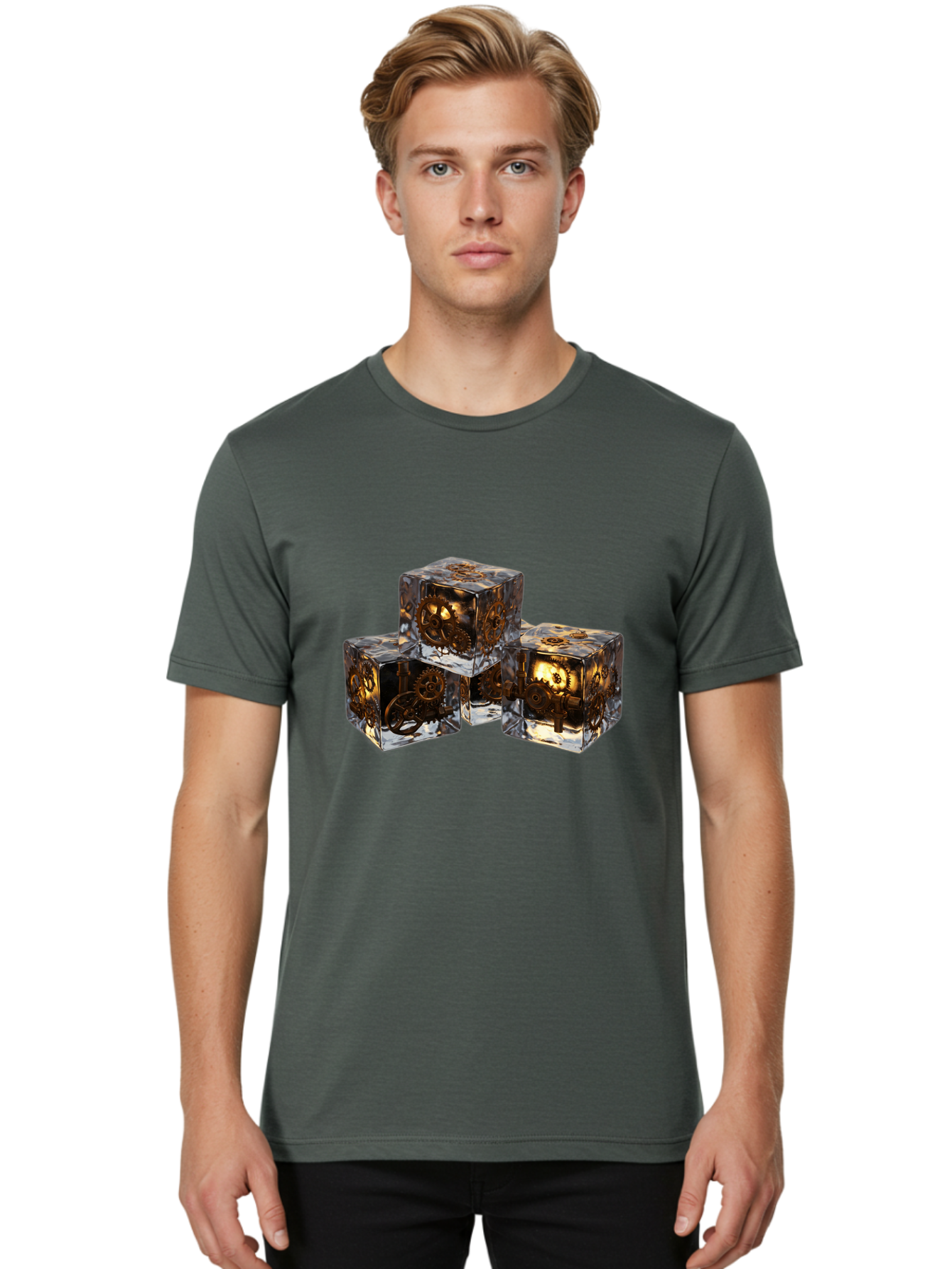 Clockwork-Dice Men'S Graphic Tee, 100% Cotton, Comfortable Casual Summer Wear, Machine Washable, Transparent Dice, Mechanical Gears, Clockwork Mechanisms, Intricate Details, Golden Accents, Modern Gaming Accessories, Tabletop Gaming, Rpg Dice Bac865