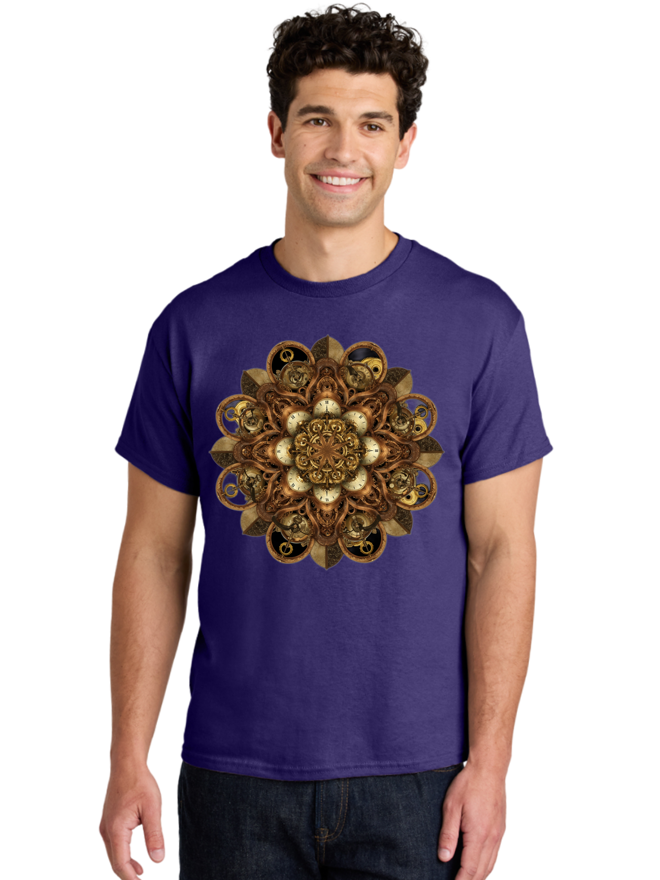 Clockwork-Mandala Men'S Graphic Tee, 100% Cotton, Comfortable Casual Summer Wear, Machine Washable, Steampunk Clock Mandala, Intricate Clockwork Design, Antique Clockwork Mechanism, Ornate Patterns, Vintage Gears, Complex Artwork, Surreal Art, Bac866
