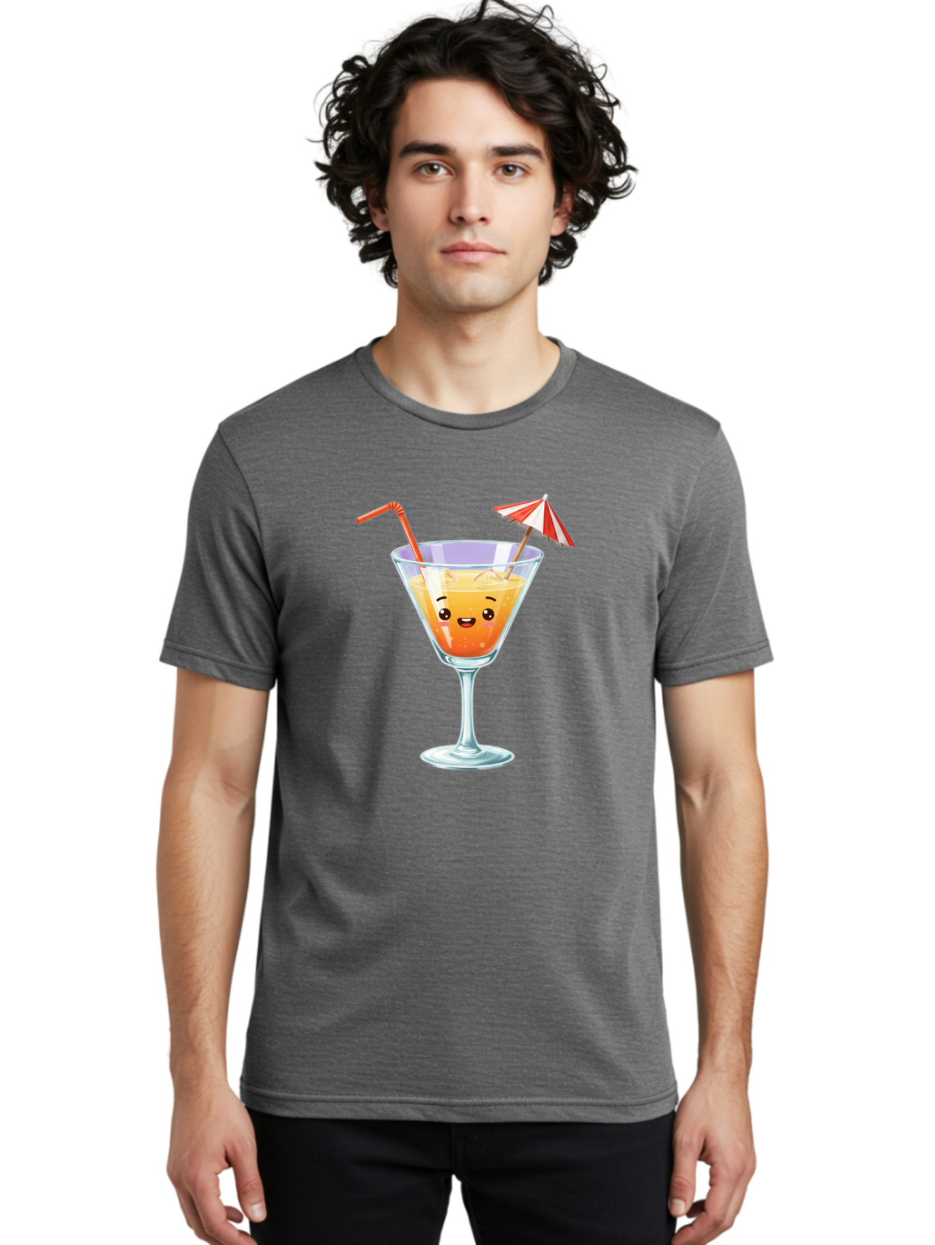 Cocktail-Glass-1 Men'S Graphic Tee, 100% Cotton, Comfortable Casual Summer Wear, Machine Washable, Orange Cocktail, Cartoon Character, Kawaii Drink, Cheerful Face, Refreshing Beverage, Vibrant Colors, Playful Straw, Umbrella Decoration, Bac867