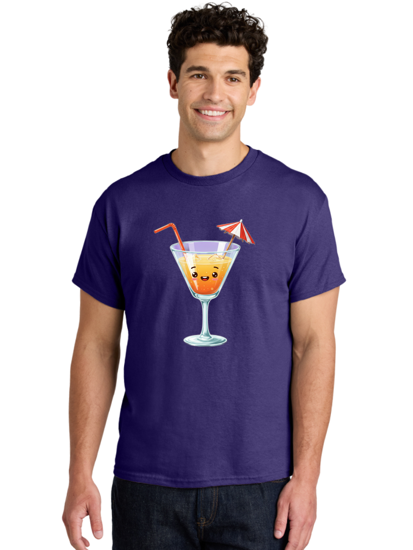 Cocktail-Glass-1 Men'S Graphic Tee, 100% Cotton, Comfortable Casual Summer Wear, Machine Washable, Orange Cocktail, Cartoon Character, Kawaii Drink, Cheerful Face, Refreshing Beverage, Vibrant Colors, Playful Straw, Umbrella Decoration, Bac867