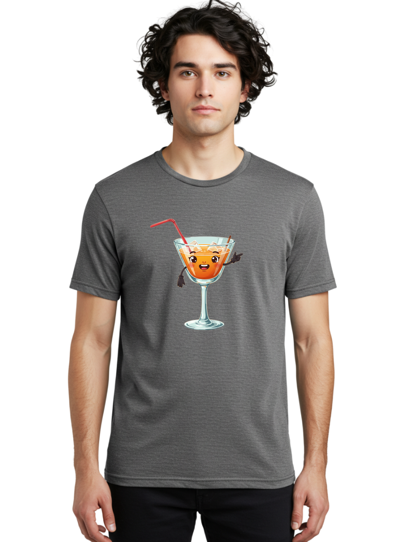 Cocktail-Glass-2 Men'S Graphic Tee, 100% Cotton, Comfortable Casual Summer Wear, Machine Washable, Cartoon Cocktail Glass, Orange Drink, Red Straw, Ice Cubes, Smiling Face, Playful Character, Anthropomorphic Drink, Funny Illustration, Bac868