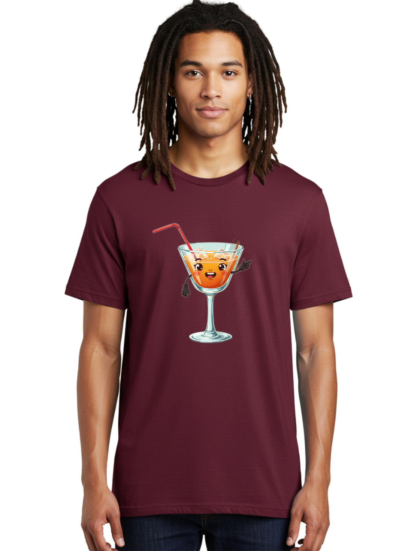 Cocktail-Glass-2 Men'S Graphic Tee, 100% Cotton, Comfortable Casual Summer Wear, Machine Washable, Cartoon Cocktail Glass, Orange Drink, Red Straw, Ice Cubes, Smiling Face, Playful Character, Anthropomorphic Drink, Funny Illustration, Bac868