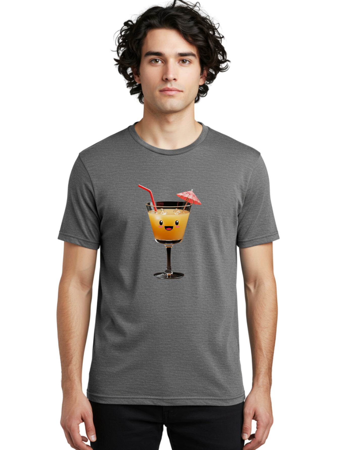 Cocktail-Glass-3 Men'S Graphic Tee, 100% Cotton, Comfortable Casual Summer Wear, Machine Washable, Cocktail Glass, Smiling Face, Orange Drink, Red Straw, Red Umbrella, Funny Character, Cartoon Style, Refreshing Beverage, Summer Drink Bac869