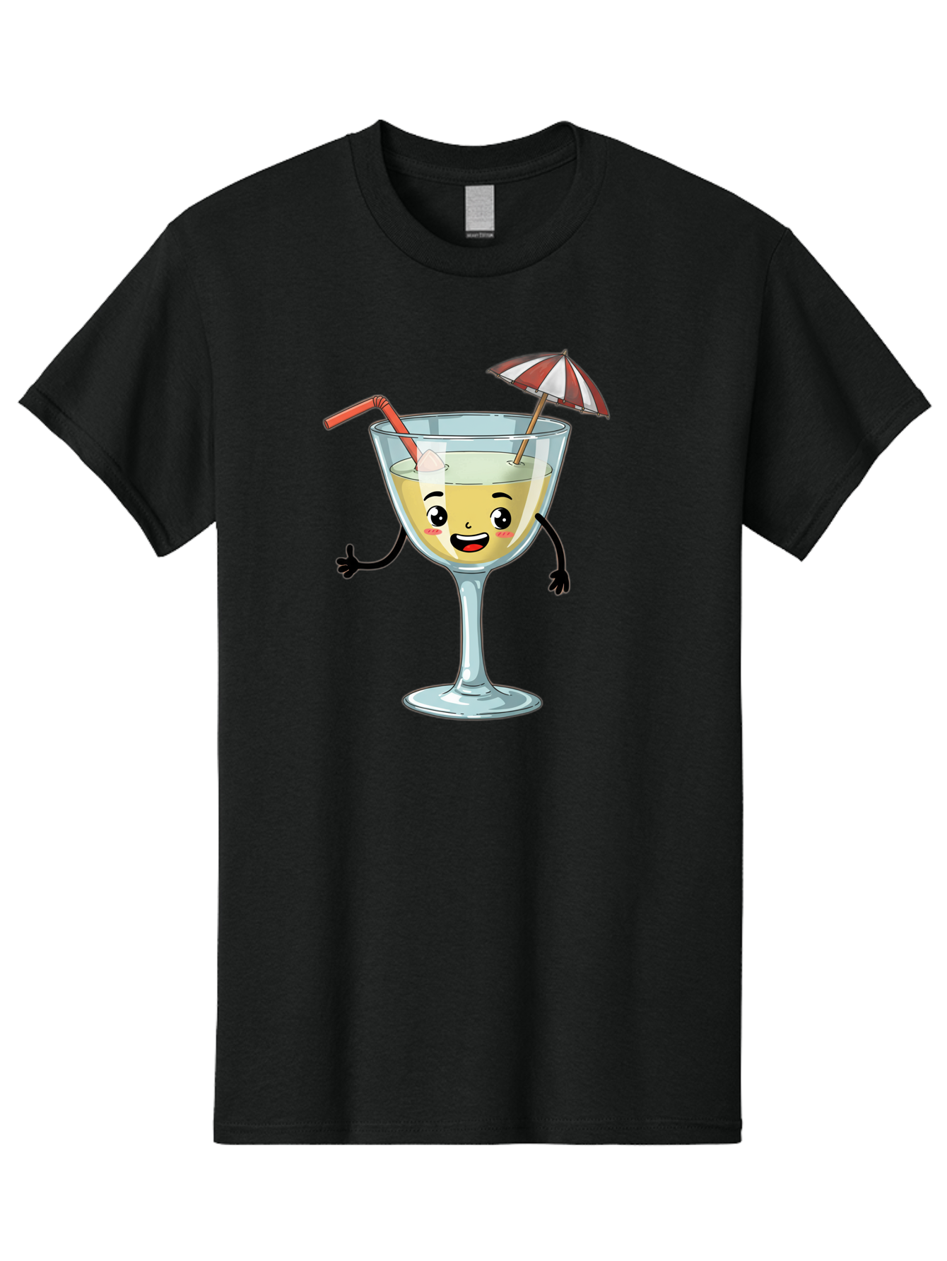 Cocktail-Glass-Character Men'S Graphic Tee, 100% Cotton, Comfortable Casual Summer Wear, Machine Washable, Cartoon Cocktail Glass, Happy Face, Yellow Drink, Cocktail Umbrella, Straw, Summer Vibe, Fun, Refreshing Drink, Party Theme Bac871