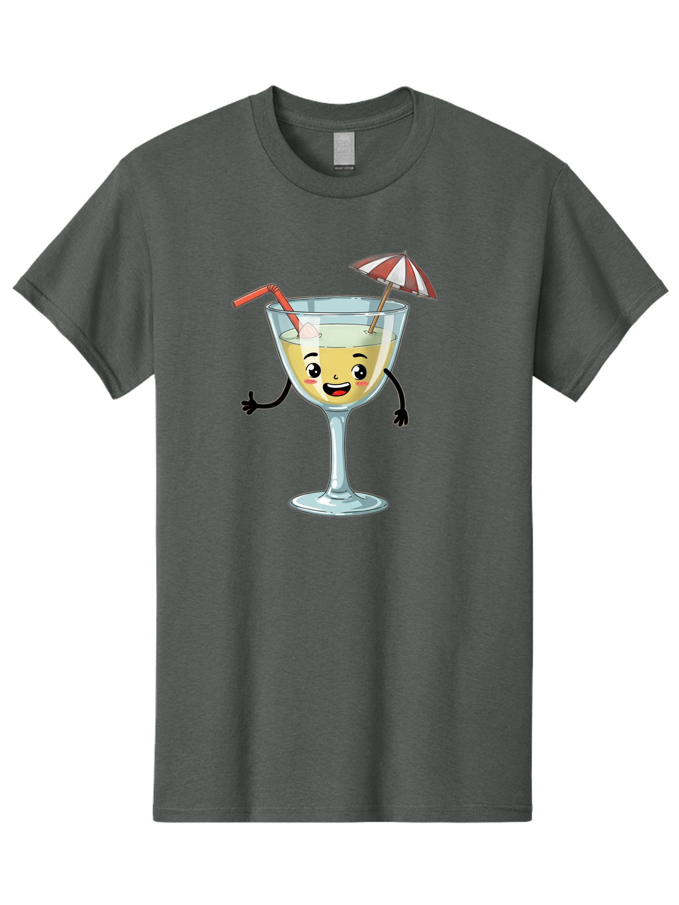 Cocktail-Glass-Character Men'S Graphic Tee, 100% Cotton, Comfortable Casual Summer Wear, Machine Washable, Cartoon Cocktail Glass, Happy Face, Yellow Drink, Cocktail Umbrella, Straw, Summer Vibe, Fun, Refreshing Drink, Party Theme Bac871