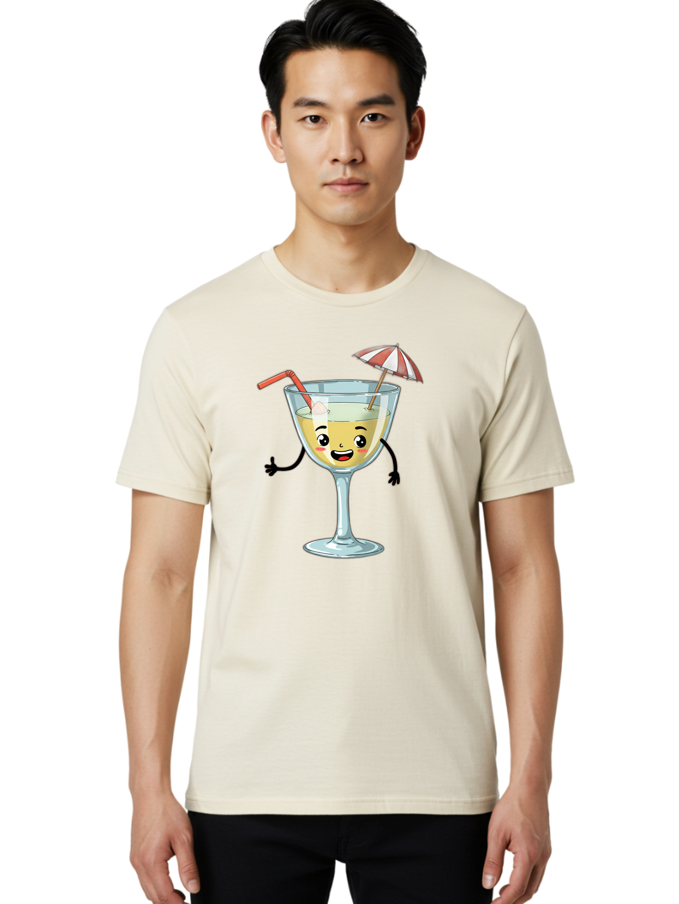 Cocktail-Glass-Character Men'S Graphic Tee, 100% Cotton, Comfortable Casual Summer Wear, Machine Washable, Cartoon Cocktail Glass, Happy Face, Yellow Drink, Cocktail Umbrella, Straw, Summer Vibe, Fun, Refreshing Drink, Party Theme Bac871