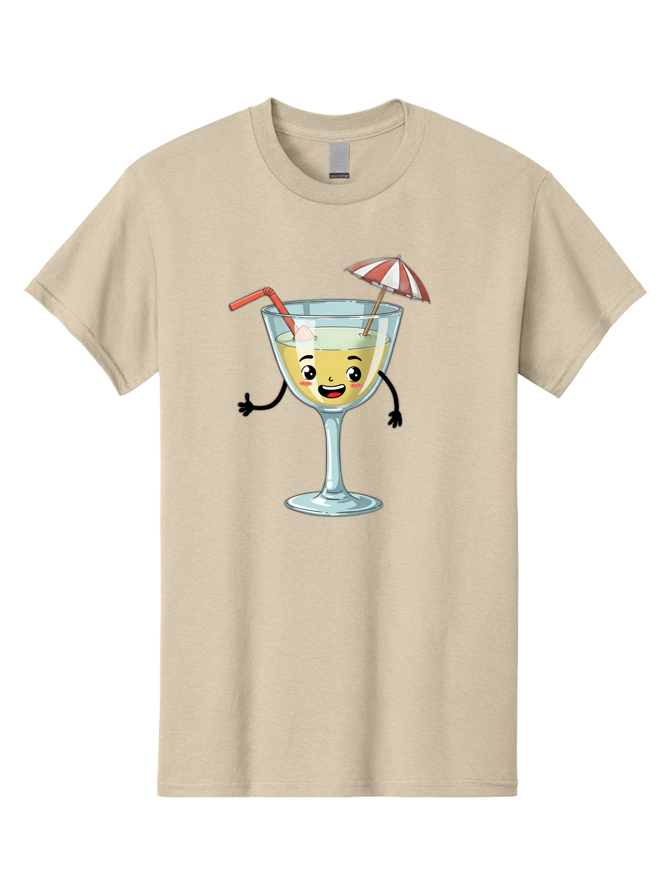 Cocktail-Glass-Character Men'S Graphic Tee, 100% Cotton, Comfortable Casual Summer Wear, Machine Washable, Cartoon Cocktail Glass, Happy Face, Yellow Drink, Cocktail Umbrella, Straw, Summer Vibe, Fun, Refreshing Drink, Party Theme Bac871