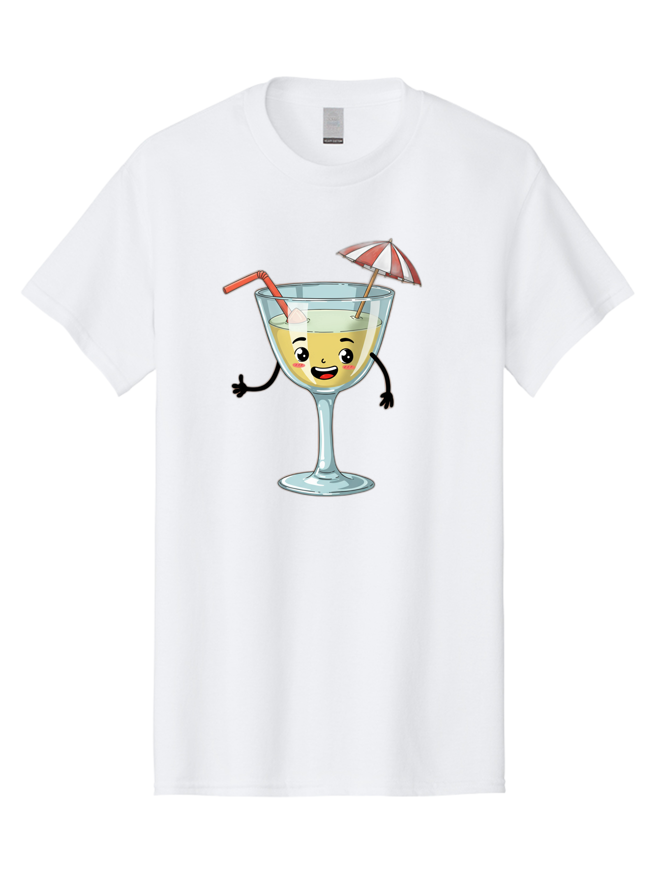 Cocktail-Glass-Character Men'S Graphic Tee, 100% Cotton, Comfortable Casual Summer Wear, Machine Washable, Cartoon Cocktail Glass, Happy Face, Yellow Drink, Cocktail Umbrella, Straw, Summer Vibe, Fun, Refreshing Drink, Party Theme Bac871