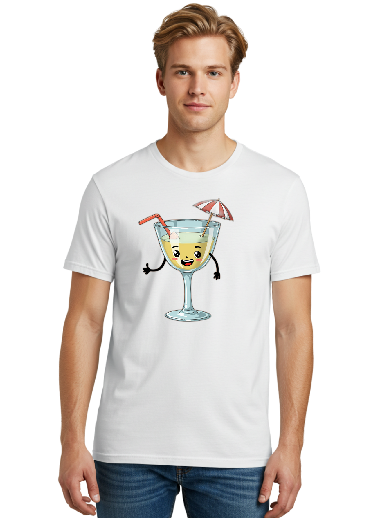 Cocktail-Glass-Character Men'S Graphic Tee, 100% Cotton, Comfortable Casual Summer Wear, Machine Washable, Cartoon Cocktail Glass, Happy Face, Yellow Drink, Cocktail Umbrella, Straw, Summer Vibe, Fun, Refreshing Drink, Party Theme Bac871