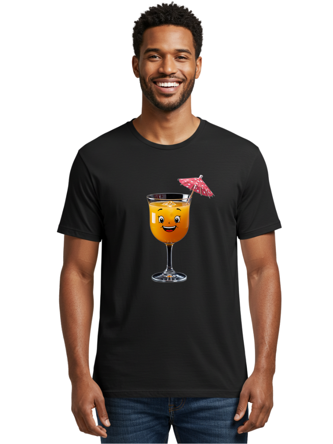 Cocktail-Glass Men'S Graphic Tee, 100% Cotton, Comfortable Casual Summer Wear, Machine Washable, Smiling Cocktail, Orange Drink, Cartoon Character, Summer Vibes, Refreshing Beverage, Cocktail Umbrella, Happy Face, Glassware, Party Atmosphere Bac872