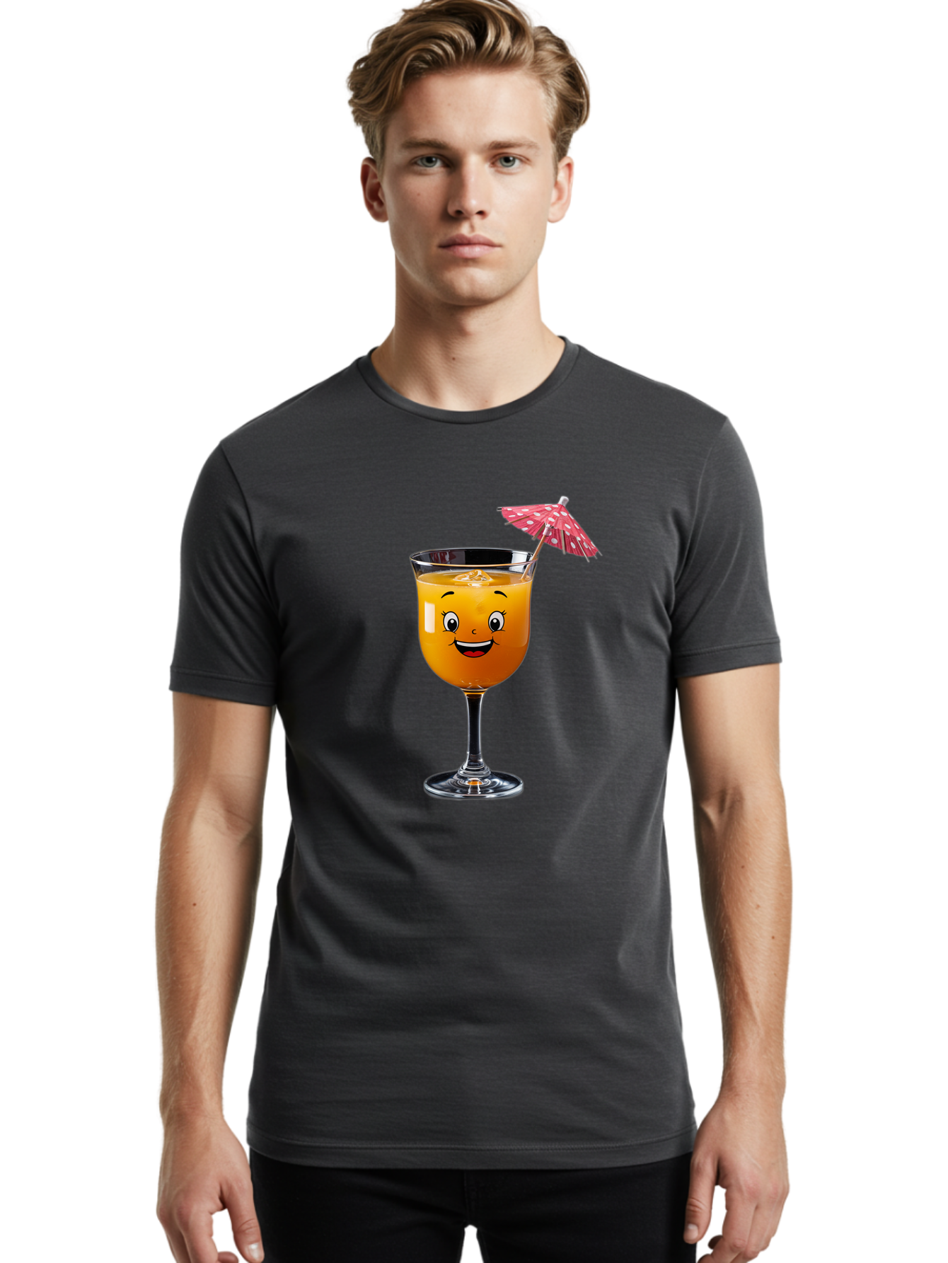 Cocktail-Glass Men'S Graphic Tee, 100% Cotton, Comfortable Casual Summer Wear, Machine Washable, Smiling Cocktail, Orange Drink, Cartoon Character, Summer Vibes, Refreshing Beverage, Cocktail Umbrella, Happy Face, Glassware, Party Atmosphere Bac872