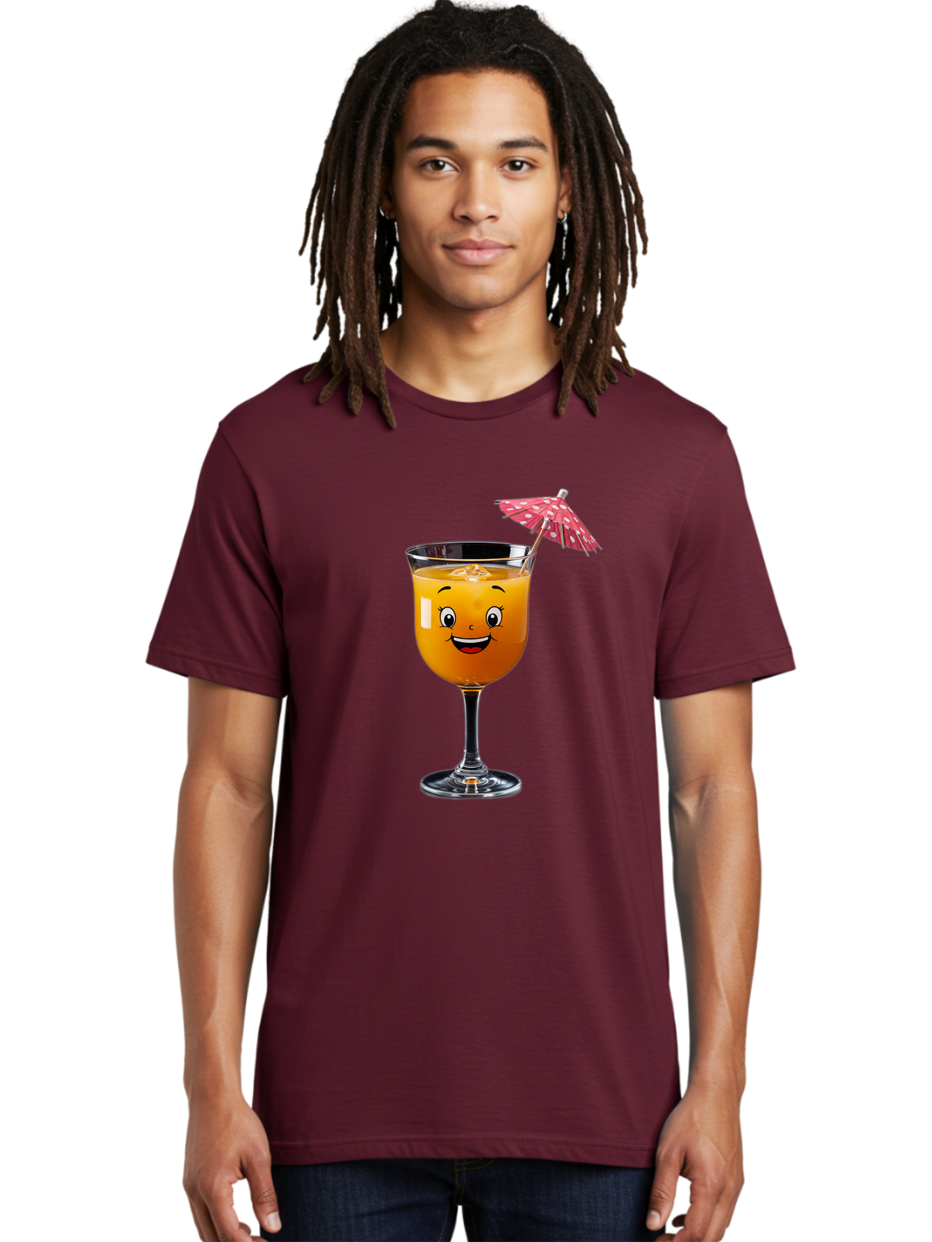 Cocktail-Glass Men'S Graphic Tee, 100% Cotton, Comfortable Casual Summer Wear, Machine Washable, Smiling Cocktail, Orange Drink, Cartoon Character, Summer Vibes, Refreshing Beverage, Cocktail Umbrella, Happy Face, Glassware, Party Atmosphere Bac872