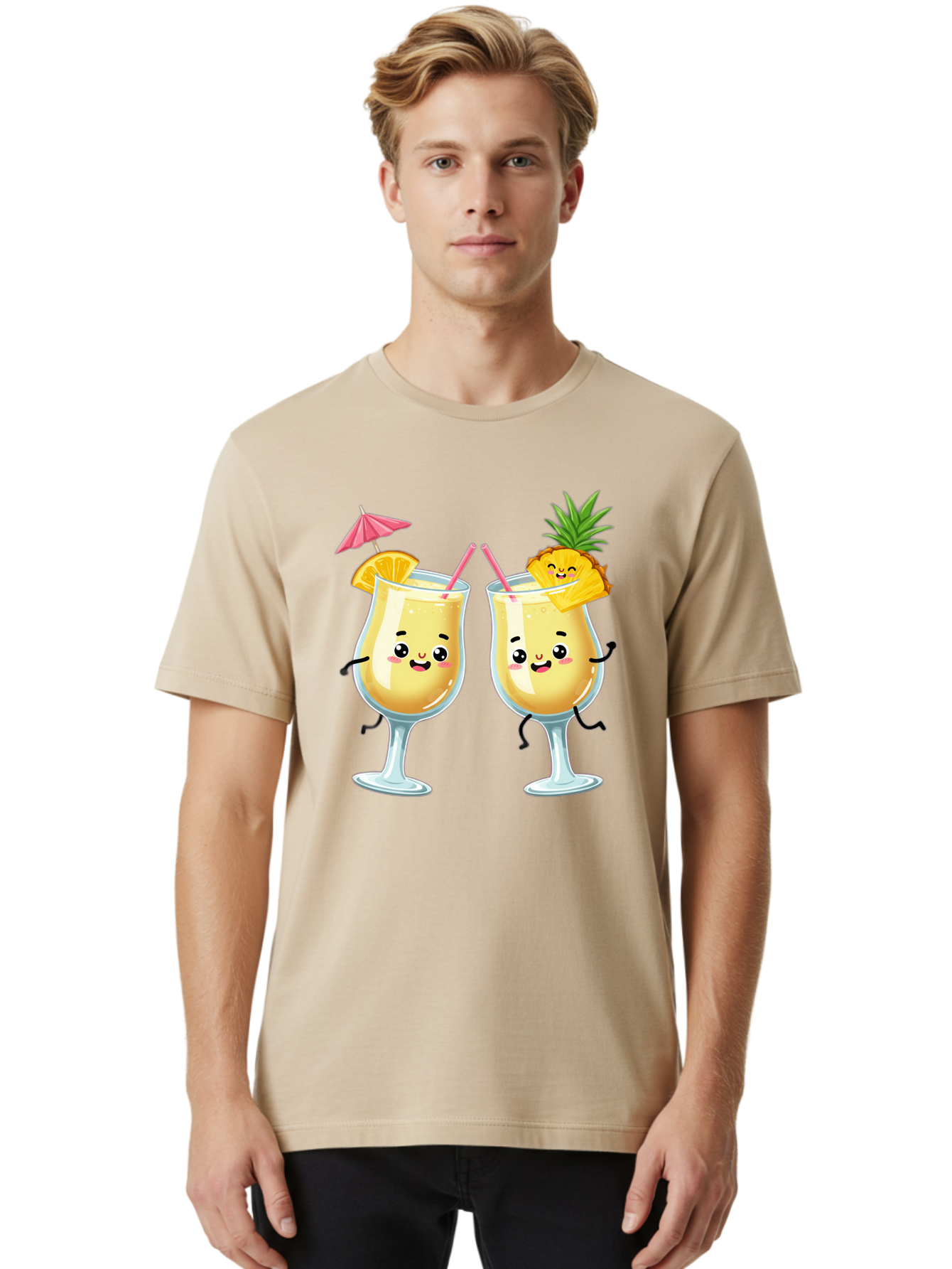 Cocktail-Glasses Men'S Graphic Tee, 100% Cotton, Comfortable Casual Summer Wear, Machine Washable, Cartoon Cocktail Glasses, Summer Drinks, Pineapple Cocktail, Orange Slice Garnish, Pink Umbrella, Funny Drinks, Tropical Beverages, Bac873
