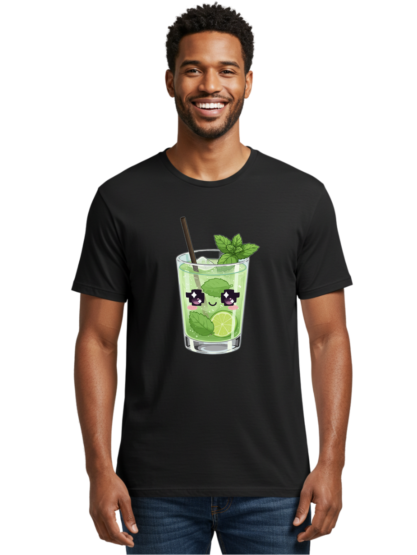 Cocktail-Mojito Men'S Graphic Tee, 100% Cotton, Comfortable Casual Summer Wear, Machine Washable, Mint Leaves, Lime Slice, Mojito Cocktail, Cartoon Character, Refreshing Drink, Cool Beverage, Summer Vibes, Cute Face Bac874