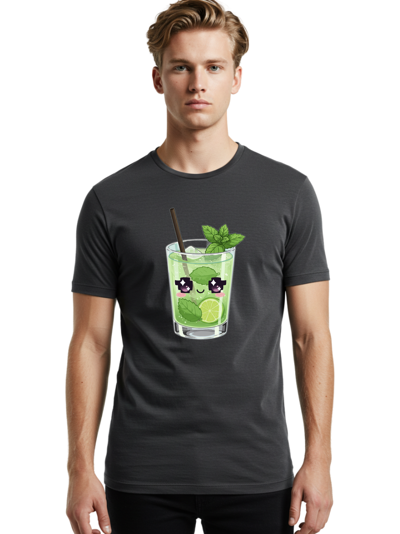 Cocktail-Mojito Men'S Graphic Tee, 100% Cotton, Comfortable Casual Summer Wear, Machine Washable, Mint Leaves, Lime Slice, Mojito Cocktail, Cartoon Character, Refreshing Drink, Cool Beverage, Summer Vibes, Cute Face Bac874