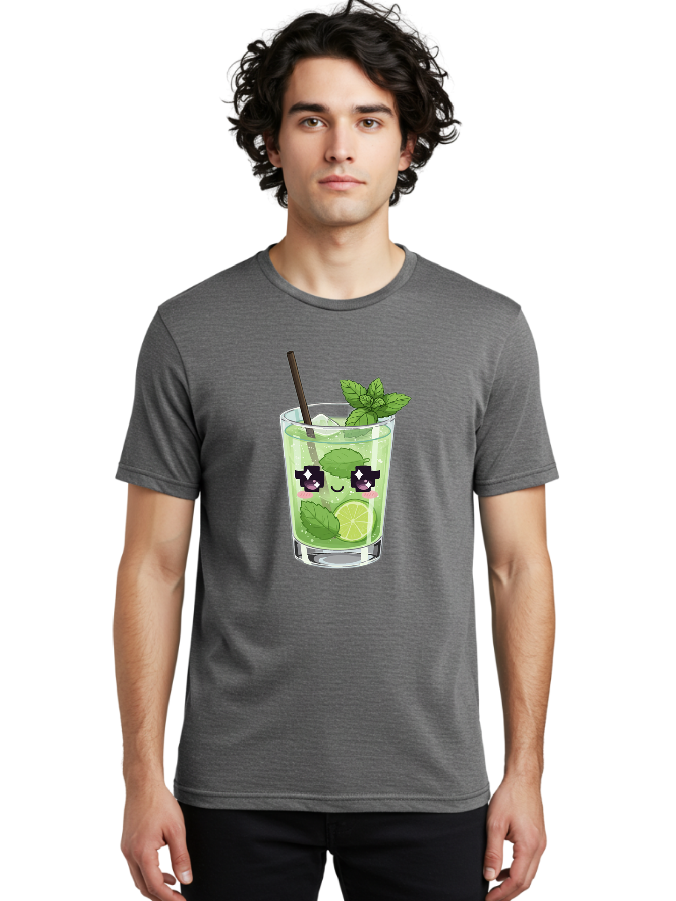 Cocktail-Mojito Men'S Graphic Tee, 100% Cotton, Comfortable Casual Summer Wear, Machine Washable, Mint Leaves, Lime Slice, Mojito Cocktail, Cartoon Character, Refreshing Drink, Cool Beverage, Summer Vibes, Cute Face Bac874