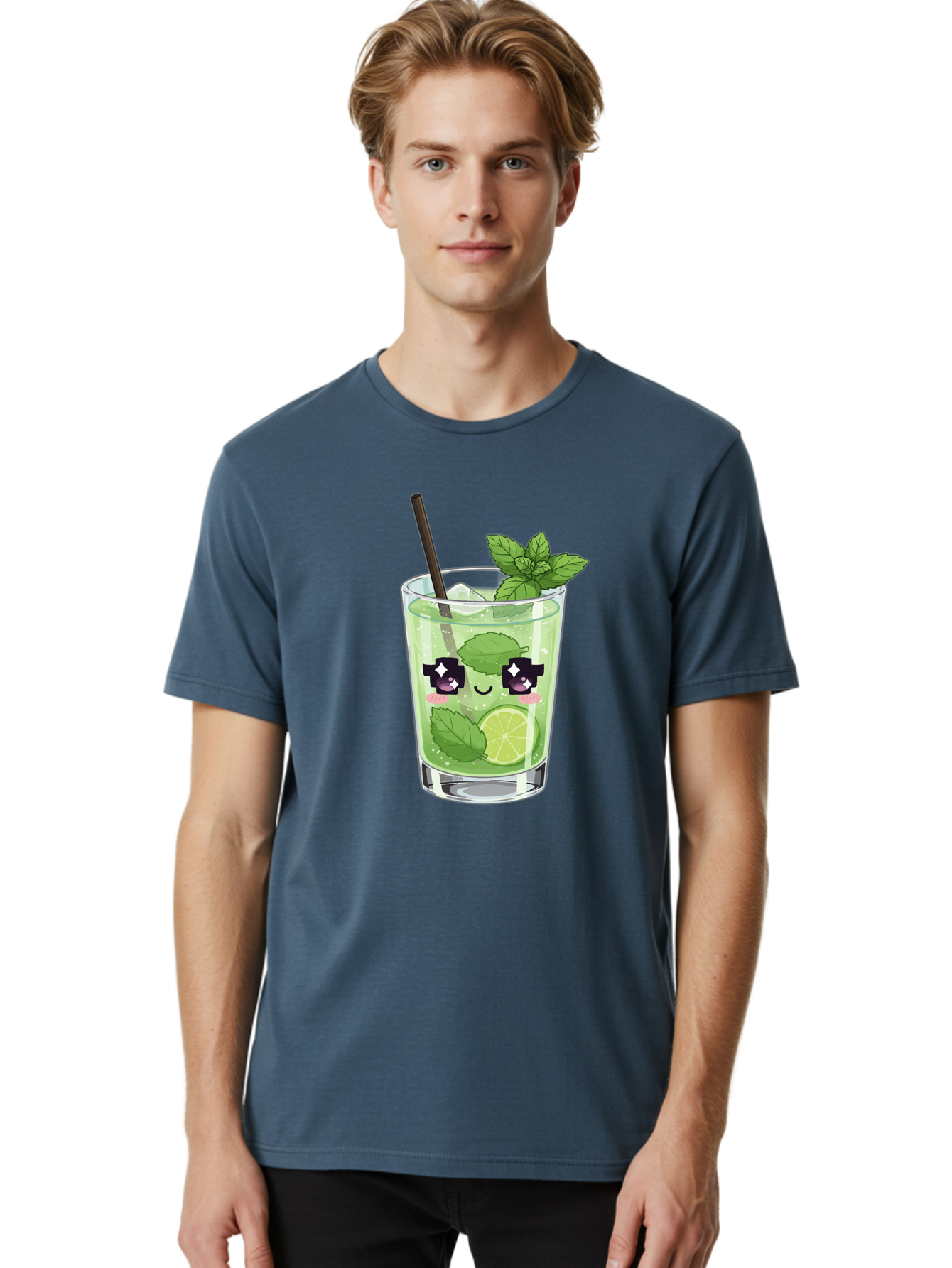 Cocktail-Mojito Men'S Graphic Tee, 100% Cotton, Comfortable Casual Summer Wear, Machine Washable, Mint Leaves, Lime Slice, Mojito Cocktail, Cartoon Character, Refreshing Drink, Cool Beverage, Summer Vibes, Cute Face Bac874