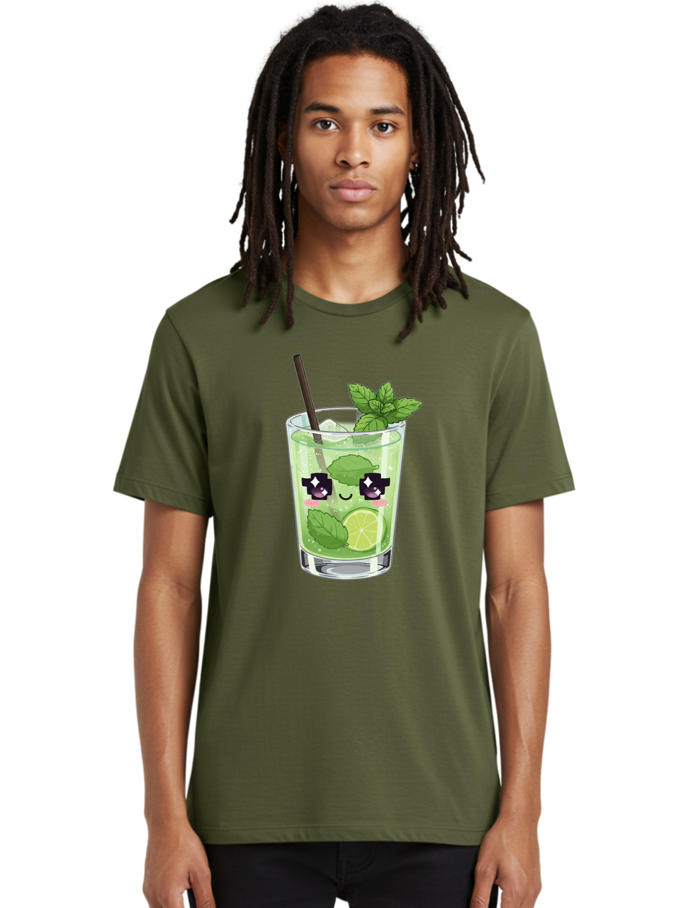 Cocktail-Mojito Men'S Graphic Tee, 100% Cotton, Comfortable Casual Summer Wear, Machine Washable, Mint Leaves, Lime Slice, Mojito Cocktail, Cartoon Character, Refreshing Drink, Cool Beverage, Summer Vibes, Cute Face Bac874