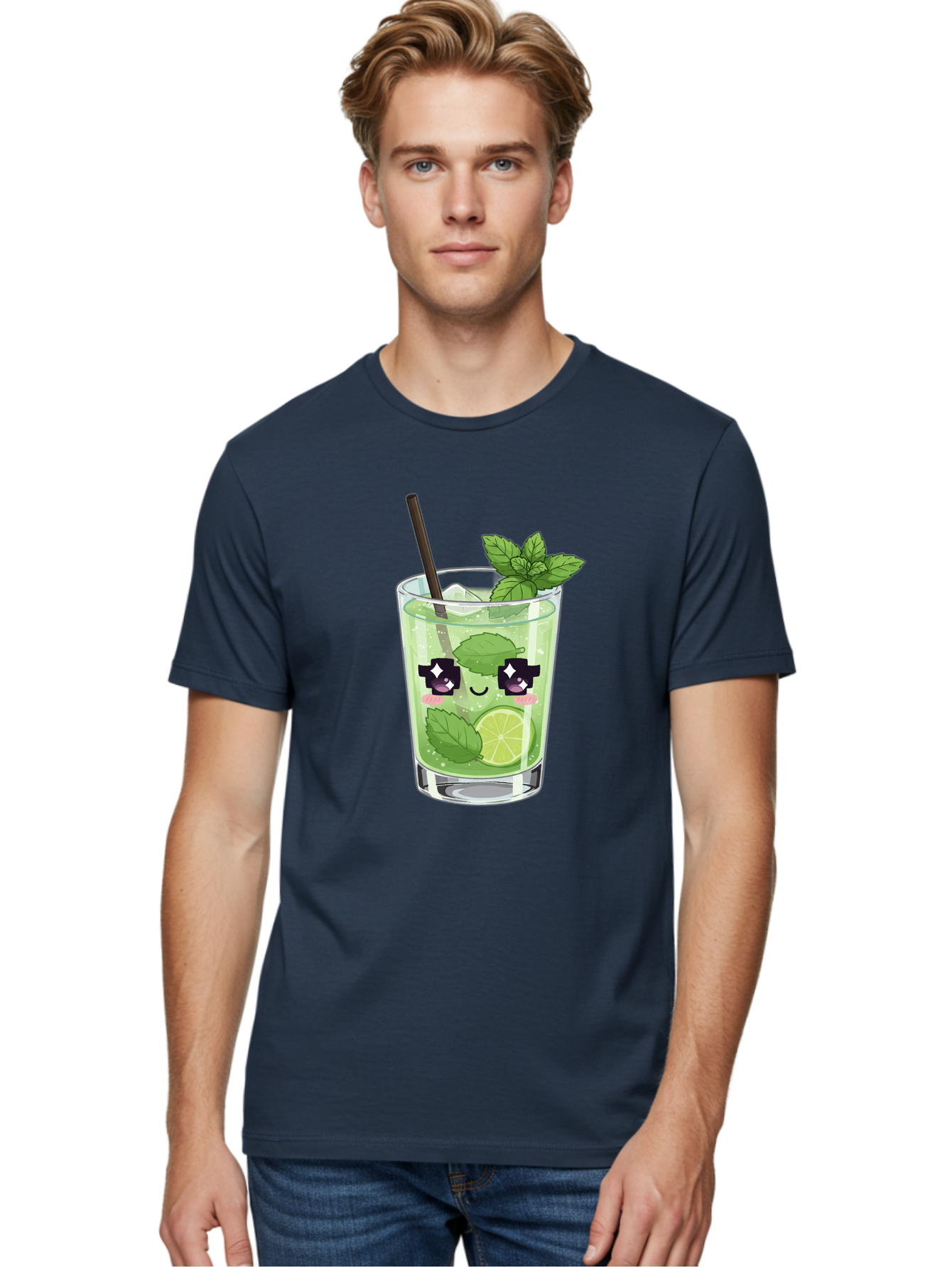 Cocktail-Mojito Men'S Graphic Tee, 100% Cotton, Comfortable Casual Summer Wear, Machine Washable, Mint Leaves, Lime Slice, Mojito Cocktail, Cartoon Character, Refreshing Drink, Cool Beverage, Summer Vibes, Cute Face Bac874