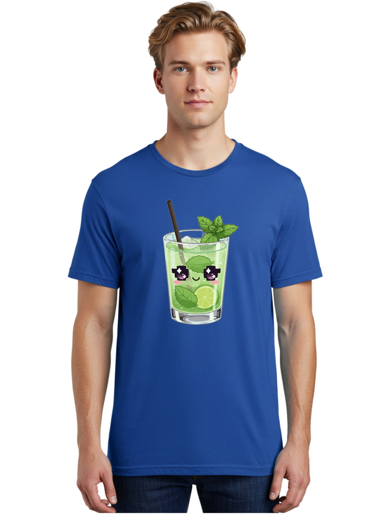 Cocktail-Mojito Men'S Graphic Tee, 100% Cotton, Comfortable Casual Summer Wear, Machine Washable, Mint Leaves, Lime Slice, Mojito Cocktail, Cartoon Character, Refreshing Drink, Cool Beverage, Summer Vibes, Cute Face Bac874