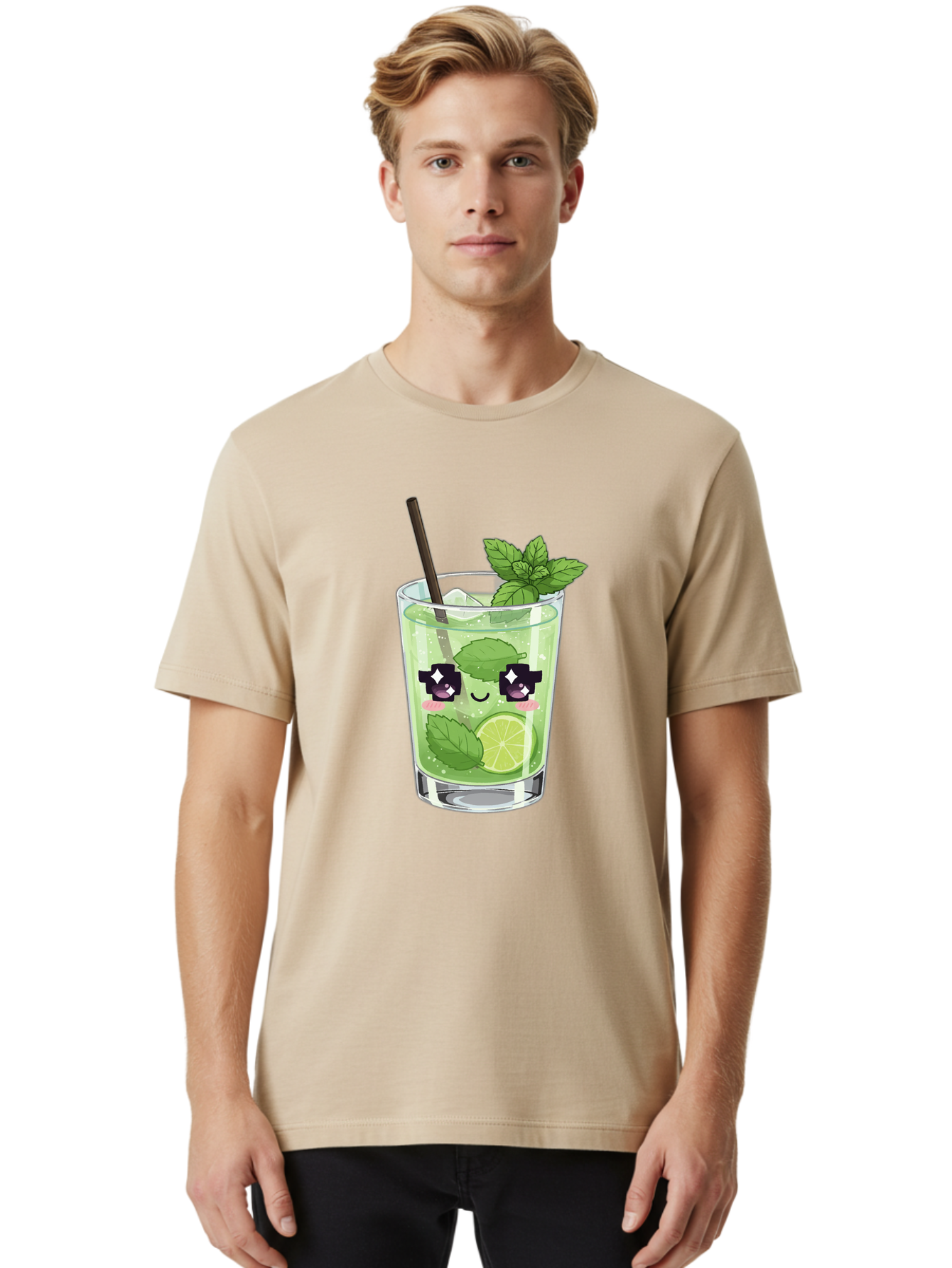 Cocktail-Mojito Men'S Graphic Tee, 100% Cotton, Comfortable Casual Summer Wear, Machine Washable, Mint Leaves, Lime Slice, Mojito Cocktail, Cartoon Character, Refreshing Drink, Cool Beverage, Summer Vibes, Cute Face Bac874