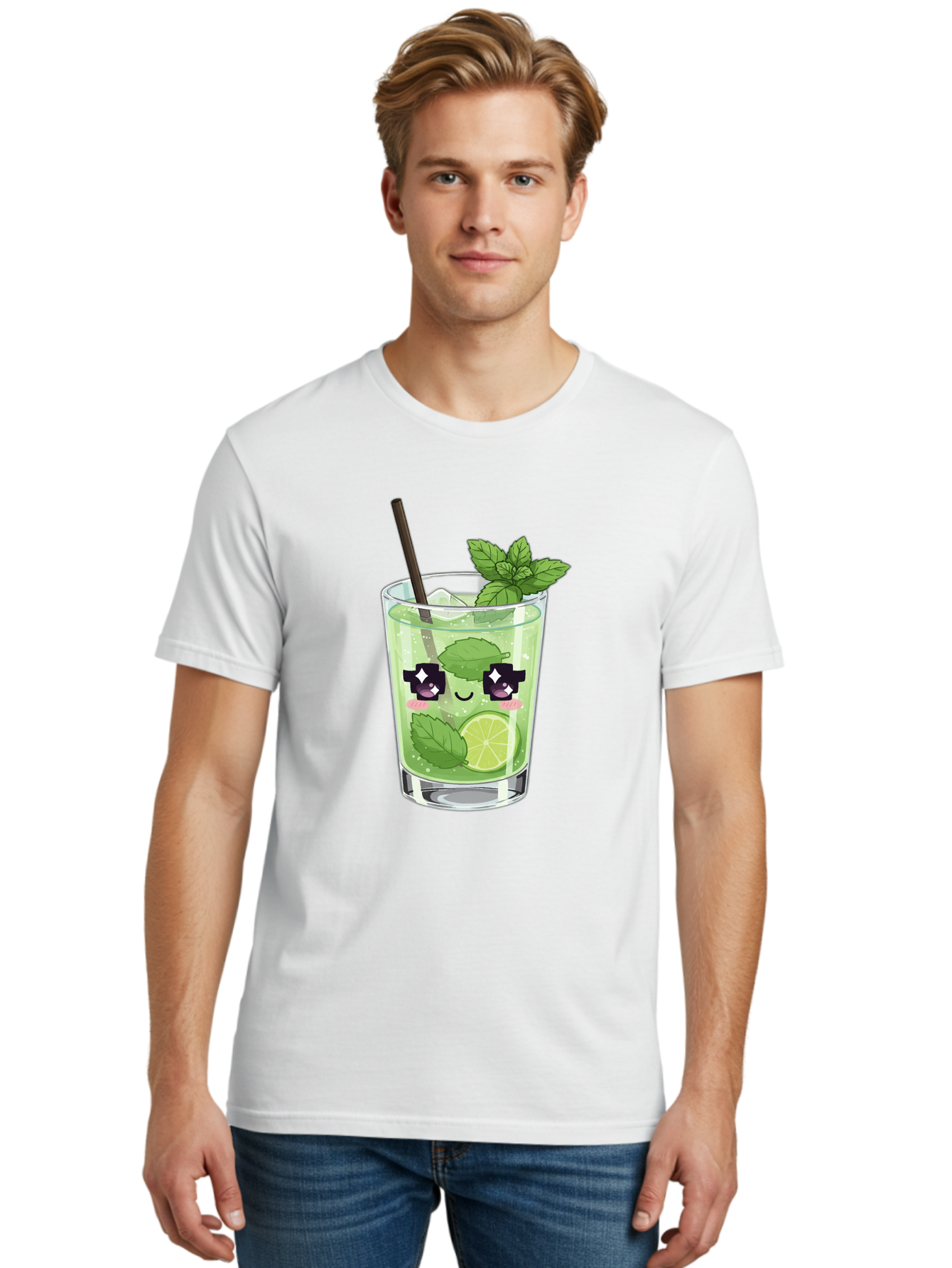 Cocktail-Mojito Men'S Graphic Tee, 100% Cotton, Comfortable Casual Summer Wear, Machine Washable, Mint Leaves, Lime Slice, Mojito Cocktail, Cartoon Character, Refreshing Drink, Cool Beverage, Summer Vibes, Cute Face Bac874