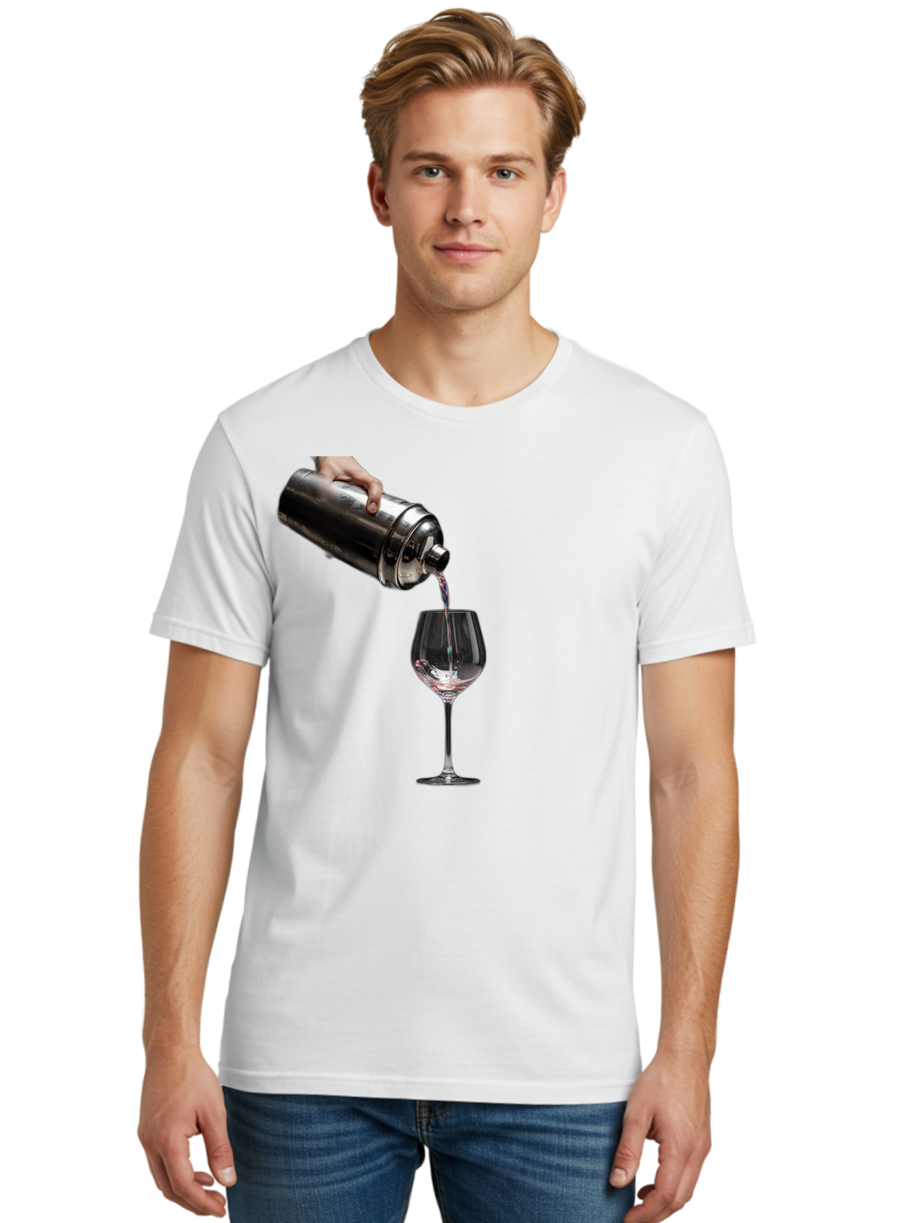 Cocktail-Shaker-Pouring Men'S Graphic Tee, 100% Cotton, Comfortable Casual Summer Wear, Machine Washable, Cocktail Being Poured, Drink In Glass, Metal Cocktail Shaker, Pouring Drink, Alcohol Beverage, Mixology, Cocktail Recipe, Stylish Drink Bac875