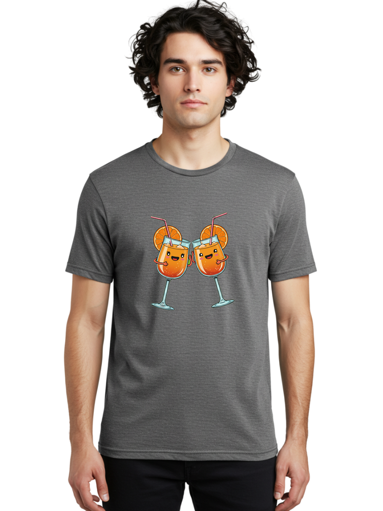 Cocktail-Toast Men'S Graphic Tee, 100% Cotton, Comfortable Casual Summer Wear, Machine Washable, Orange Cocktails, Wine Glasses Toasting, Cartoon Drinks, Orange Slices, Straws, Happy Faces, Fun Illustration, Cheers, Refreshing Drinks, Bac877