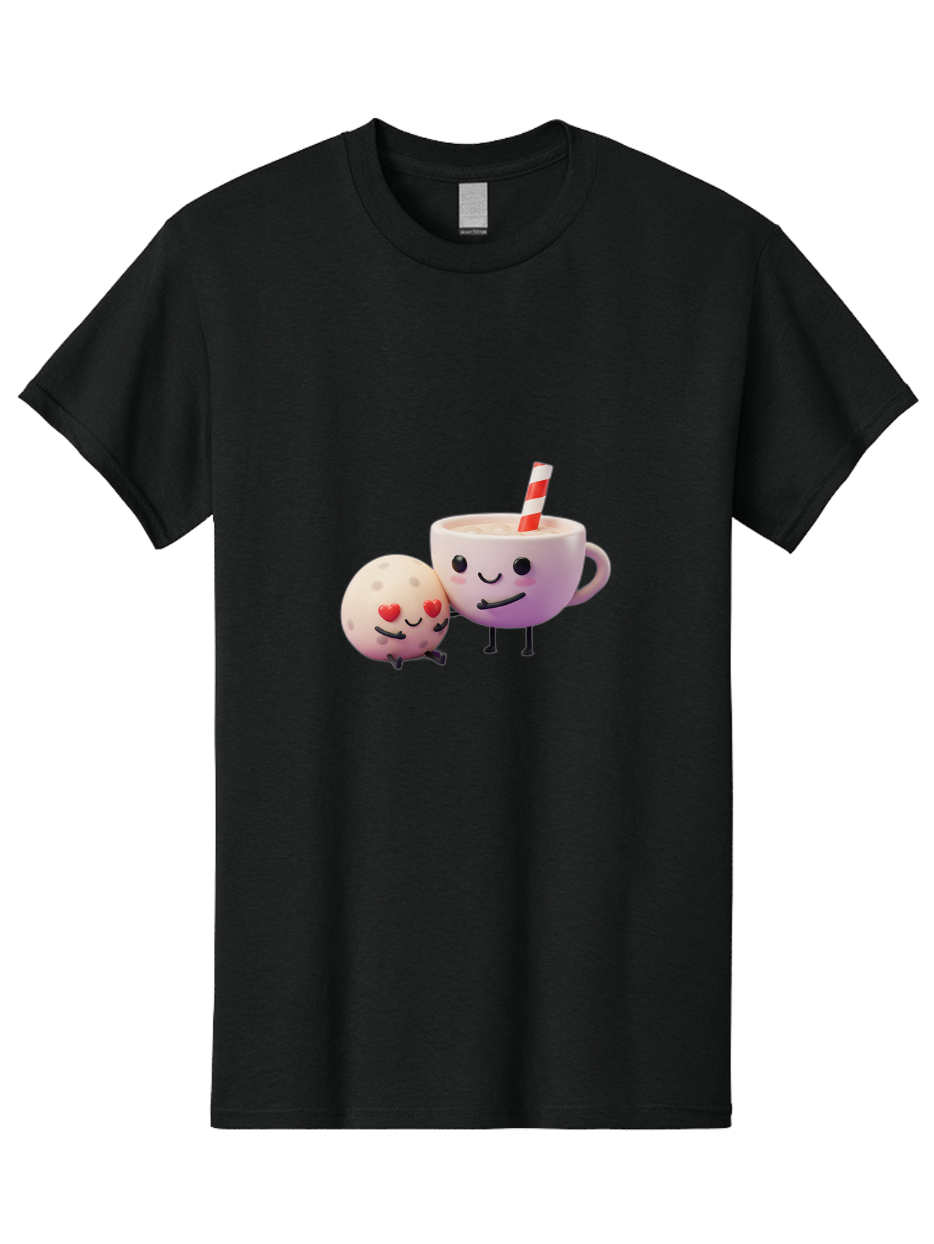 Coffee-Cup-And-Cookie Men'S Graphic Tee, 100% Cotton, Comfortable Casual Summer Wear, Machine Washable, Cartoon Cup, Smiling Cookie, Heart Eyes, Striped Straw, Cute Characters, Anthropomorphic Objects, Playful Design, Whimsical Illustration, Bac878