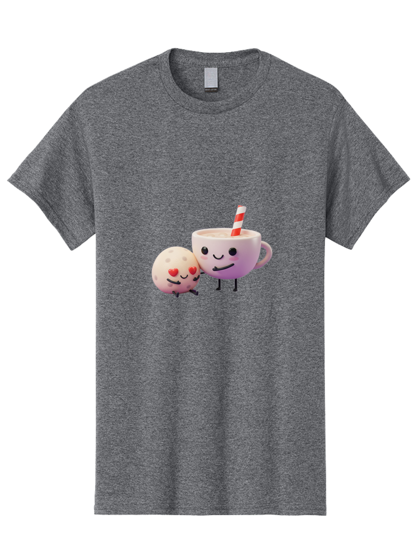 Coffee-Cup-And-Cookie Men'S Graphic Tee, 100% Cotton, Comfortable Casual Summer Wear, Machine Washable, Cartoon Cup, Smiling Cookie, Heart Eyes, Striped Straw, Cute Characters, Anthropomorphic Objects, Playful Design, Whimsical Illustration, Bac878